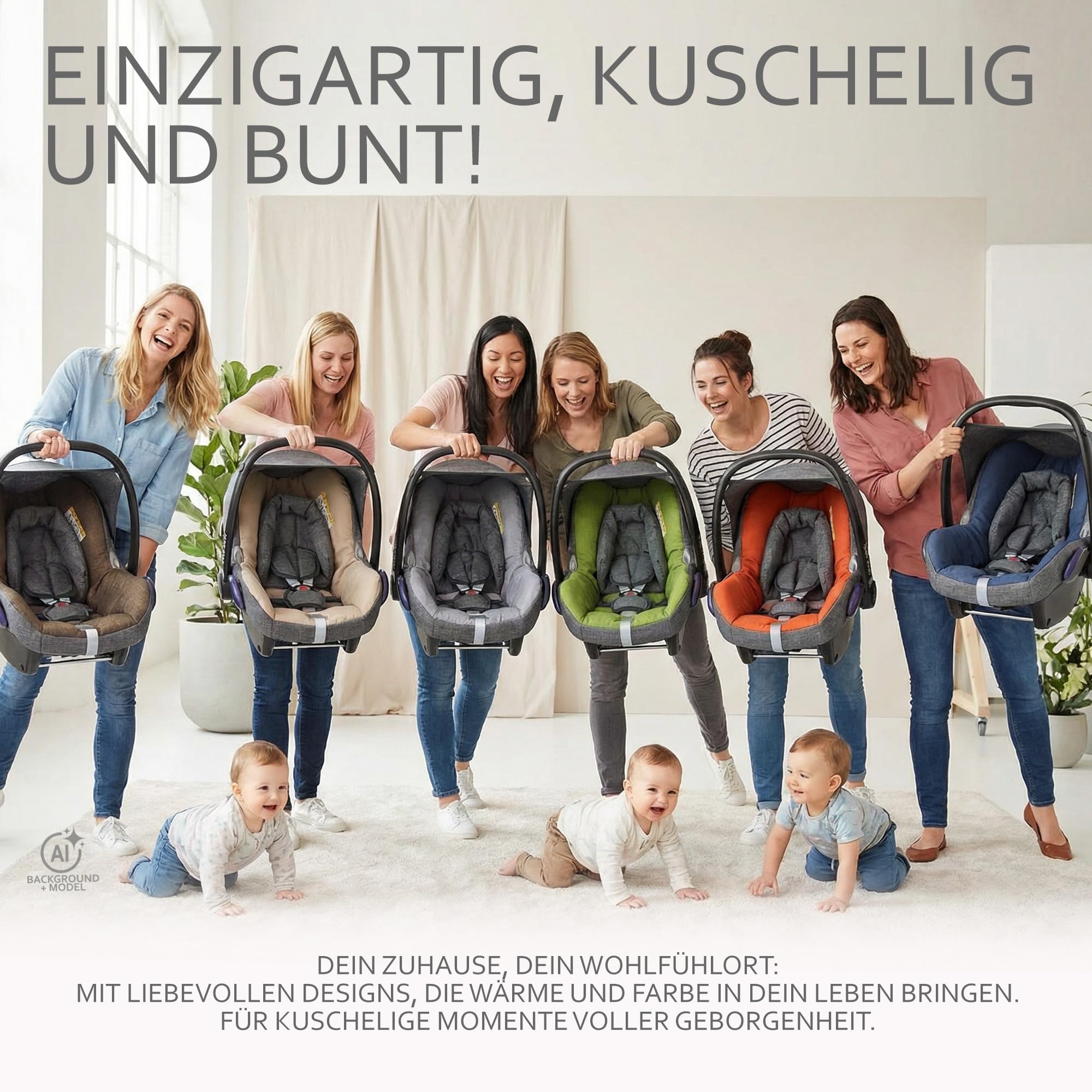 Ersatzbezug Babyschale kompatibel mit Maxi-Cosi Cabrio Fix grau/beige | 6-tlg Komplett-Set, inkl. Sitzbezug, Gurtpolster, Sonnenverdeck & Kopfstütze, gepolstert