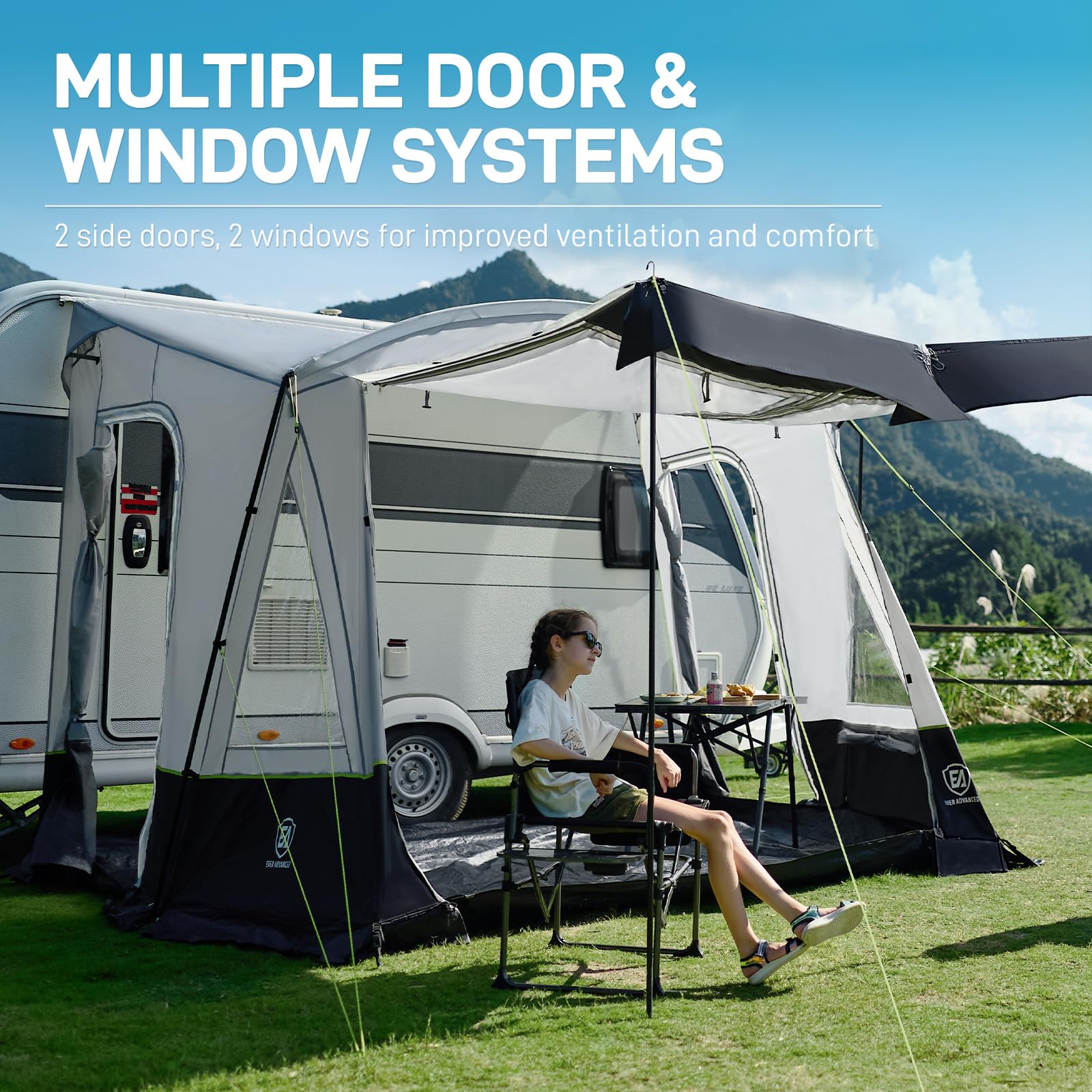 EVER ADVANCED Vorzelt Wohnwagen 350x260x245cm für Wohnmobil mit 2 Fenstern Seitentüre, großerer Tür als Dach, Reisevorzelt PU 3000mm wasserfest geeignet für Reise, Familie zusammen, Camping
