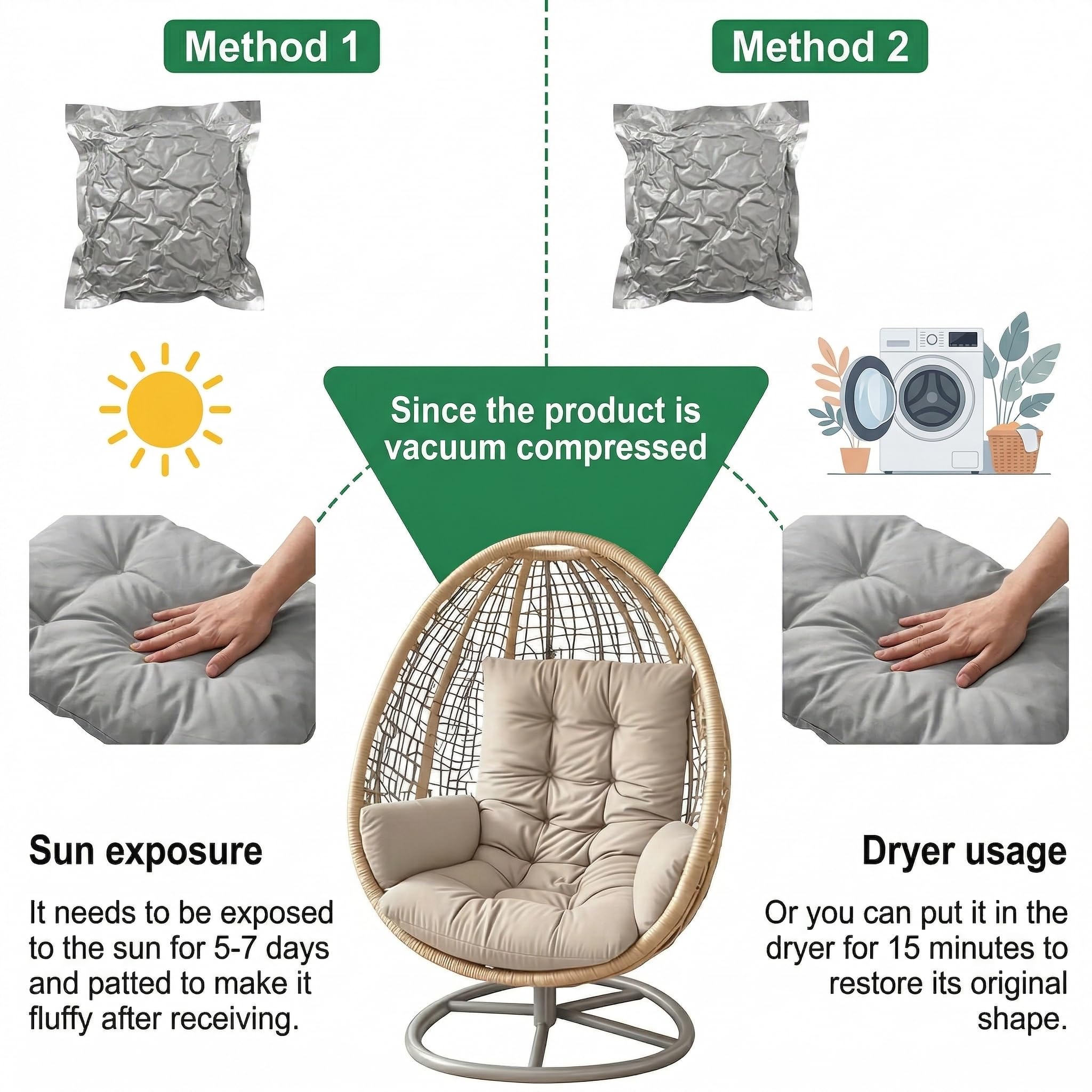 Generico Cuscino per Poltrona Sospesa Esterno in Poliestere Impermeabile, Imbottitura PP Cotton Alta Densità, Seduta Ergonomica per Altalena e Giardino, Ricambio Universale,Cachi
