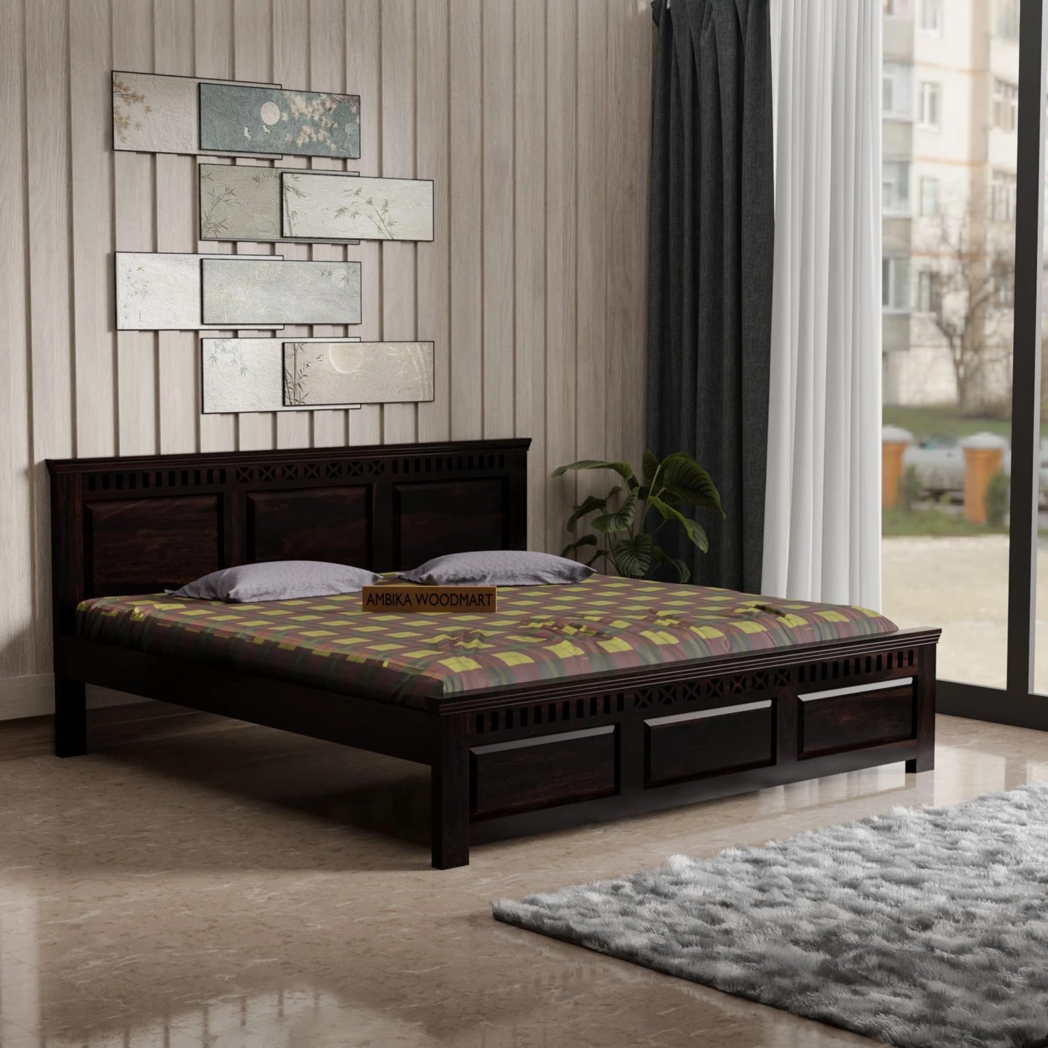 AMBIKA WOODMART Solid Sheesham Wood Bed Without Storage, King Size Wooden Cot for Bedroom Strong & Durable Heavy Duty Bed Frame Modern Furniture Design (Dark Walnut Finish)-image-29