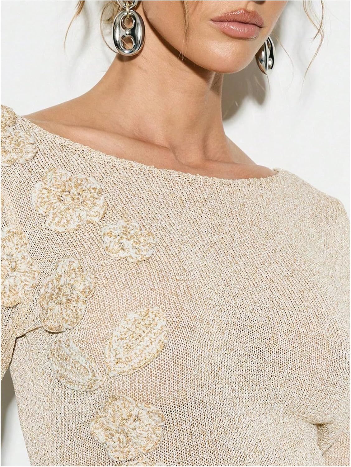 MakeMeChic Women's Lightweight 3D Flower Bell Sleeve Sweater Boat Neck Knit Pullover Tops