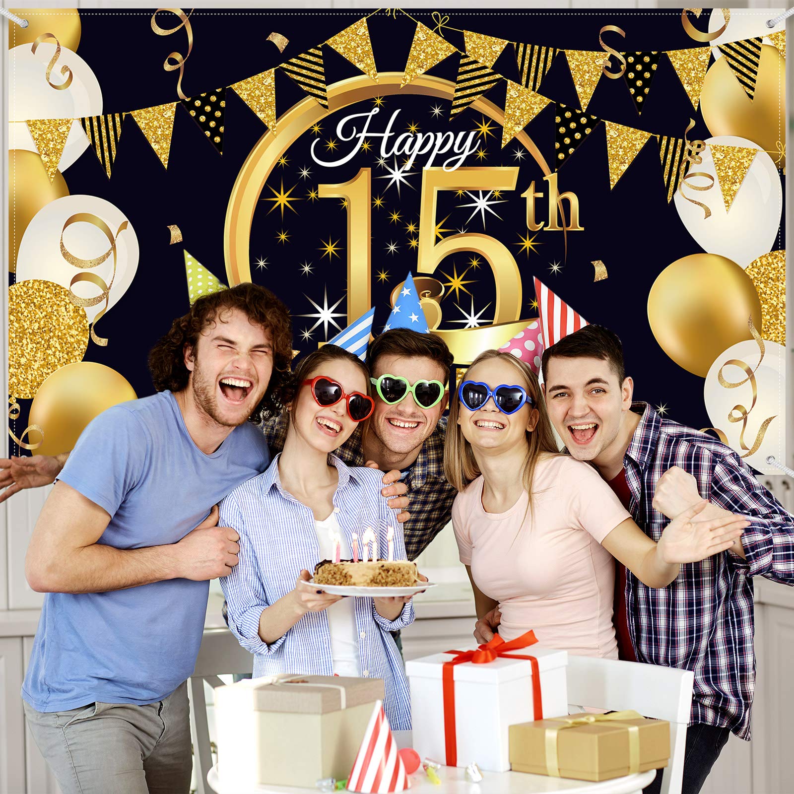 PAKBOOM Happy 15th Birthday Banner - 4x6ft Black Gold Backdrop | Party Decor Photo Booth Background - View #7