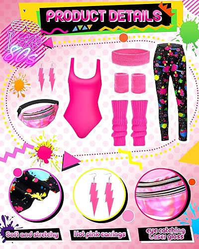 Miniatura 3 de 7 piezas de disfraz de entrenamiento de los años 80, conjunto de accesorios de los años 90, leotardo de los 90, diadema, muñequeras, calentadores de