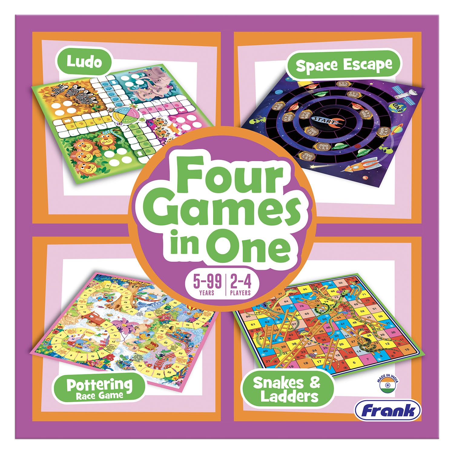 Frank Four Games in One | Classic Board Game Set for Kids Ages 5 & Up | Family Games for Boys & Girls | Includes Snake & Ladder, Ludo and More | Fun Indoor Game for Adults & Kids | Gift Option