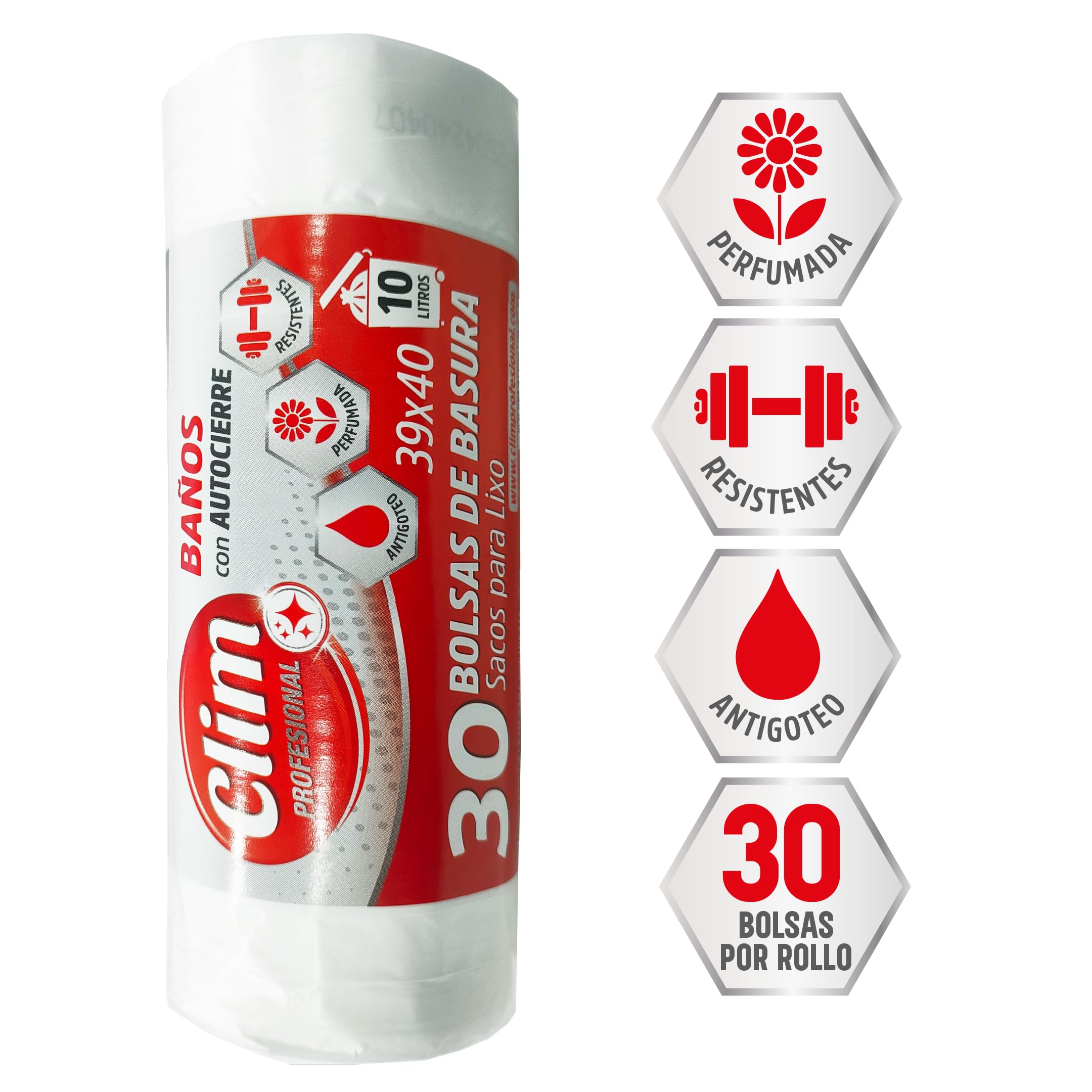 Clim Profesional 1.800 Bolsas de Basura de 10 Litros para Baño con Autocierre, Extra Perfumadas y Antigoteo 39x40 cm. Rollo 30 uds. Caja 60 rollos.