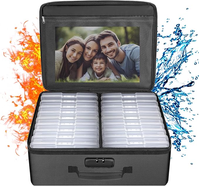 ENGPOW Photo Storage Box with 18 Inner 4" x 6" Photo Case(Clear),Fireproof Photo Organizer Box with Lock,Collapsible Portable Photo Storage Containers with Handles for Photos,Picture,Valuables