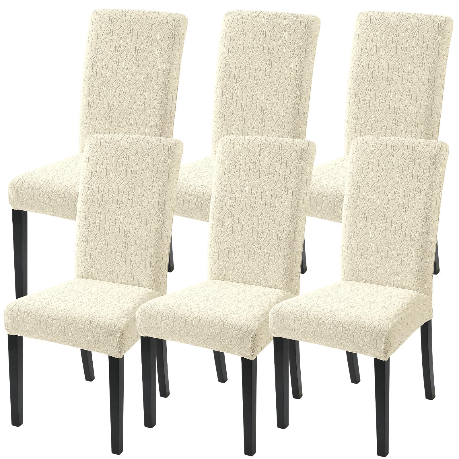 SearchI Jacquard Dining Room Chair Covers Set of 6, Stretch Kitchen Chair Covers Washable Parsons Chair Slipcover Removable Dining Chair Protectors for Hotel,Ceremony（Beige Floral Texture）