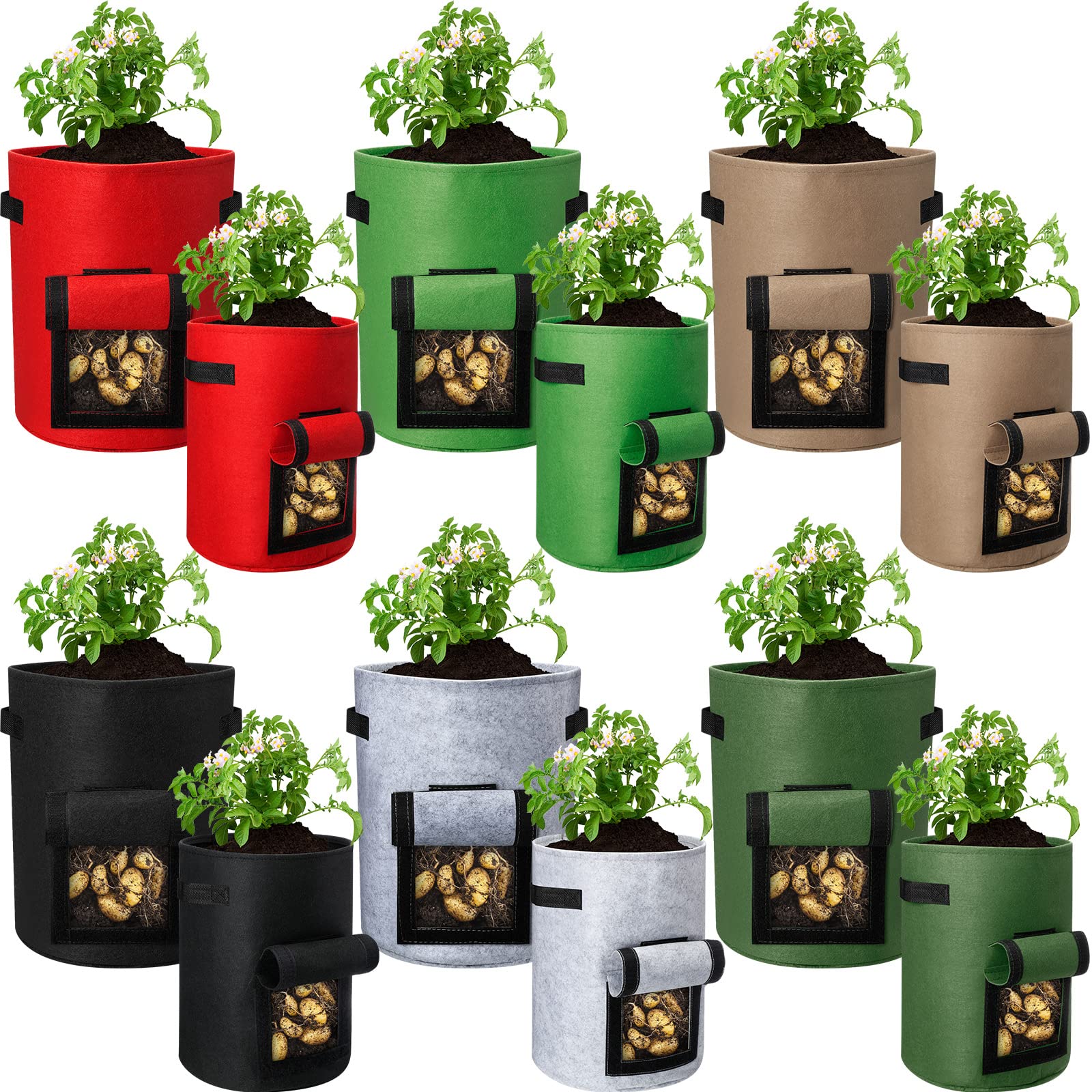 Lot de 12 sacs de culture de pommes de terre de 37 litres avec rabat et poignées et fenêtre de récolte, pots en tissu non tissé épais pour tomates, légumes et fruits