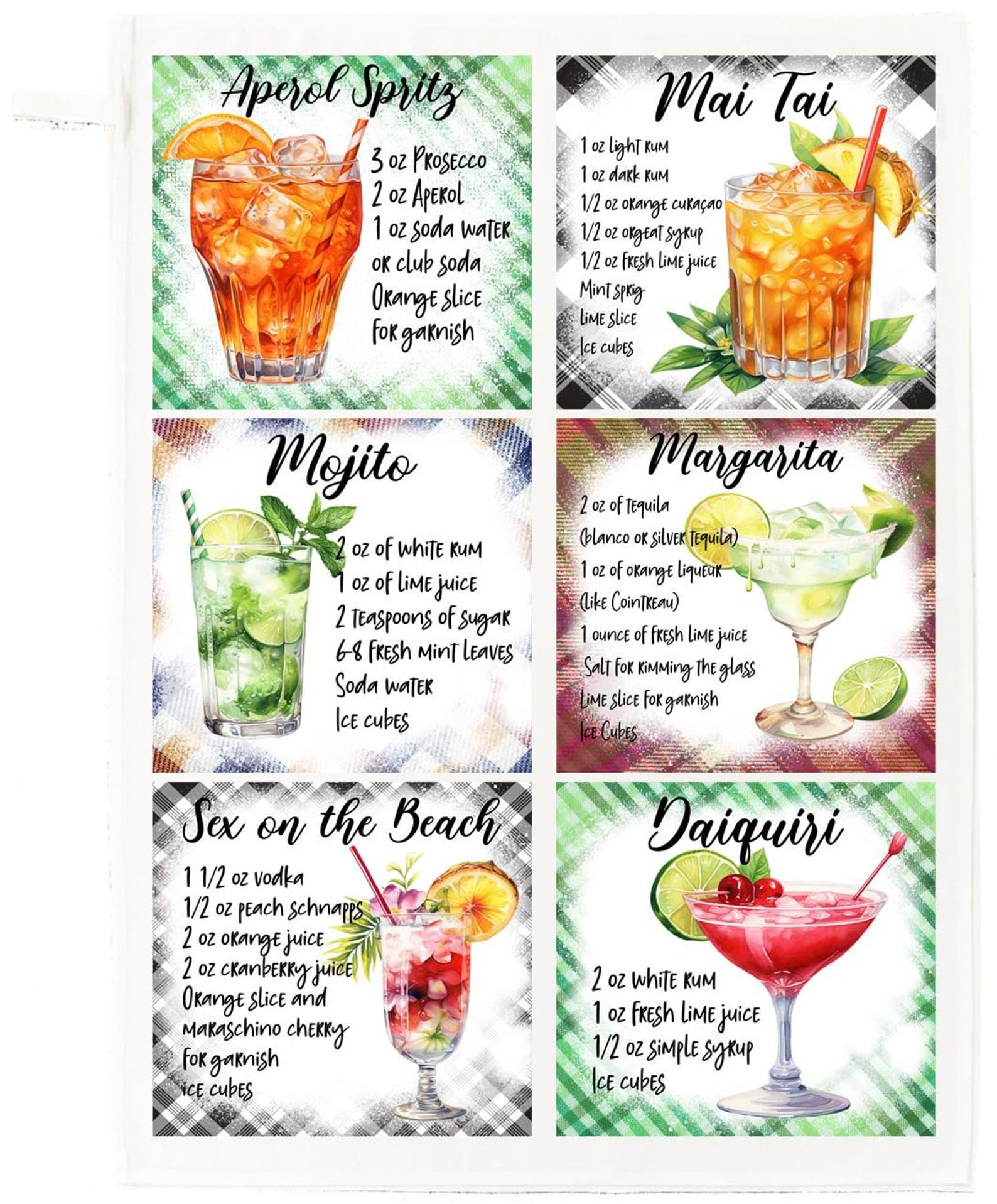 Half a Donkey Classic Cocktail Recipes Cotton Tea Towel – Aperol Spritz, Mojito, Margarita, Mai Tai, Sex on the Beach & Daiquiri