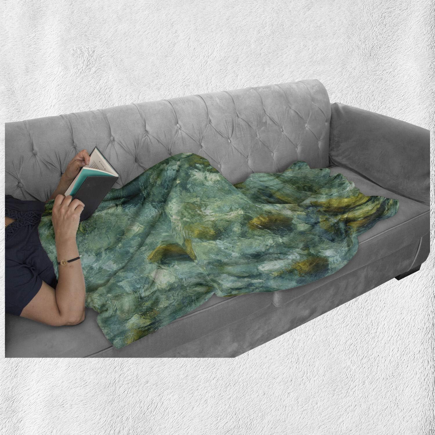 Lunarable River Rock Throw Blanket, Alps Lake Photography with Stones in Rippling Blurry Water Wild Nature Peace, Flannel Fleece Accent Piece Soft Couch Cover for Adults, 50" x 70", Pale Teal Fawn