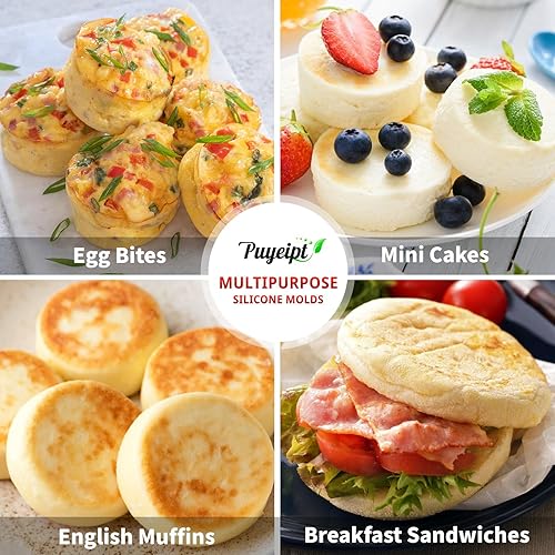 Miniatura 7 de Paquete de 2 moldes de silicona para mordeduras de huevo, sartenes redondas antiadherentes de silicona para frittata, sándwiches de desayuno,