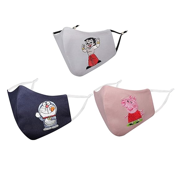 MASQ By Q-One Animation 4 Layer, Reusable, with Lanyard & Ear Adjusters, Anti-Bacterial (BFE>99%) Embroidered Cotton Cloth Face Mask for Kids (2-6 Years, Navy-Grey-Pink)