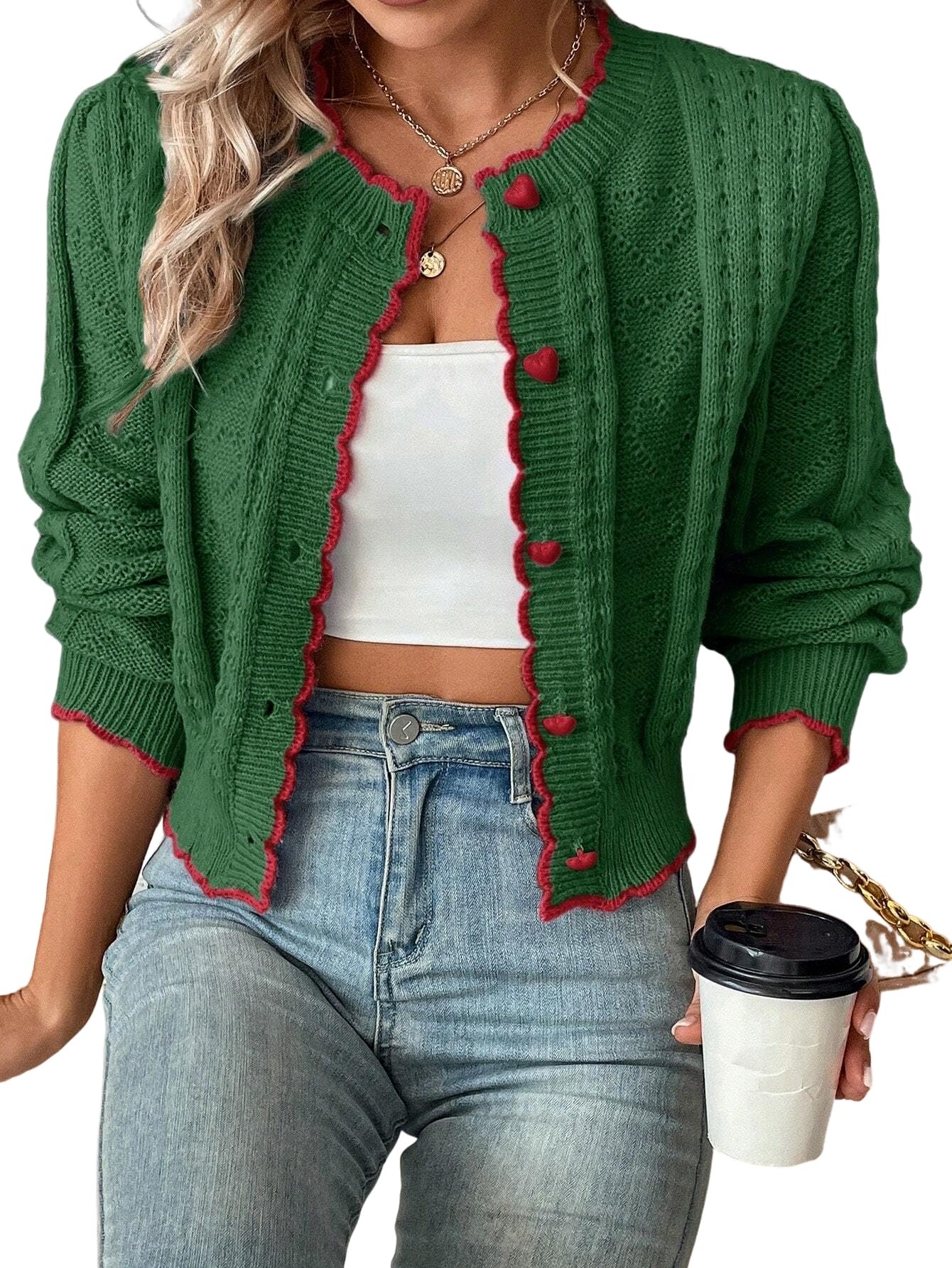 MARZXIN Womens Cardigans Casual Contrast Trim Cropped Autumn Cardigan Sweaters