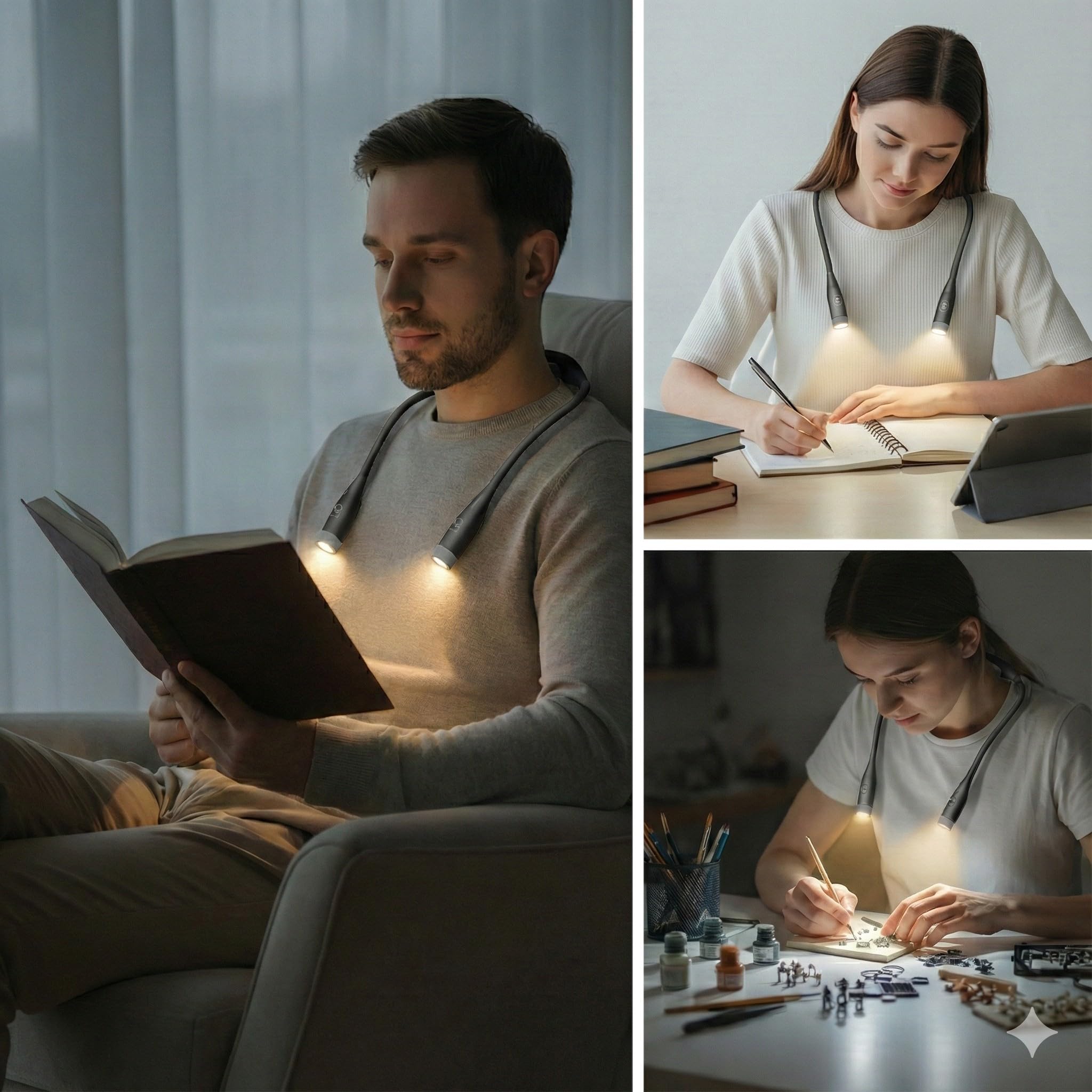 QUMOX Luz de Lectura de Cuello Recargable, Luz LED para Leer en la Cama, 3 Modos de Color y Atenuación Continua, Luz Flexible Manos Libres para Tejer, Manualidades, Camping y Reparaciones