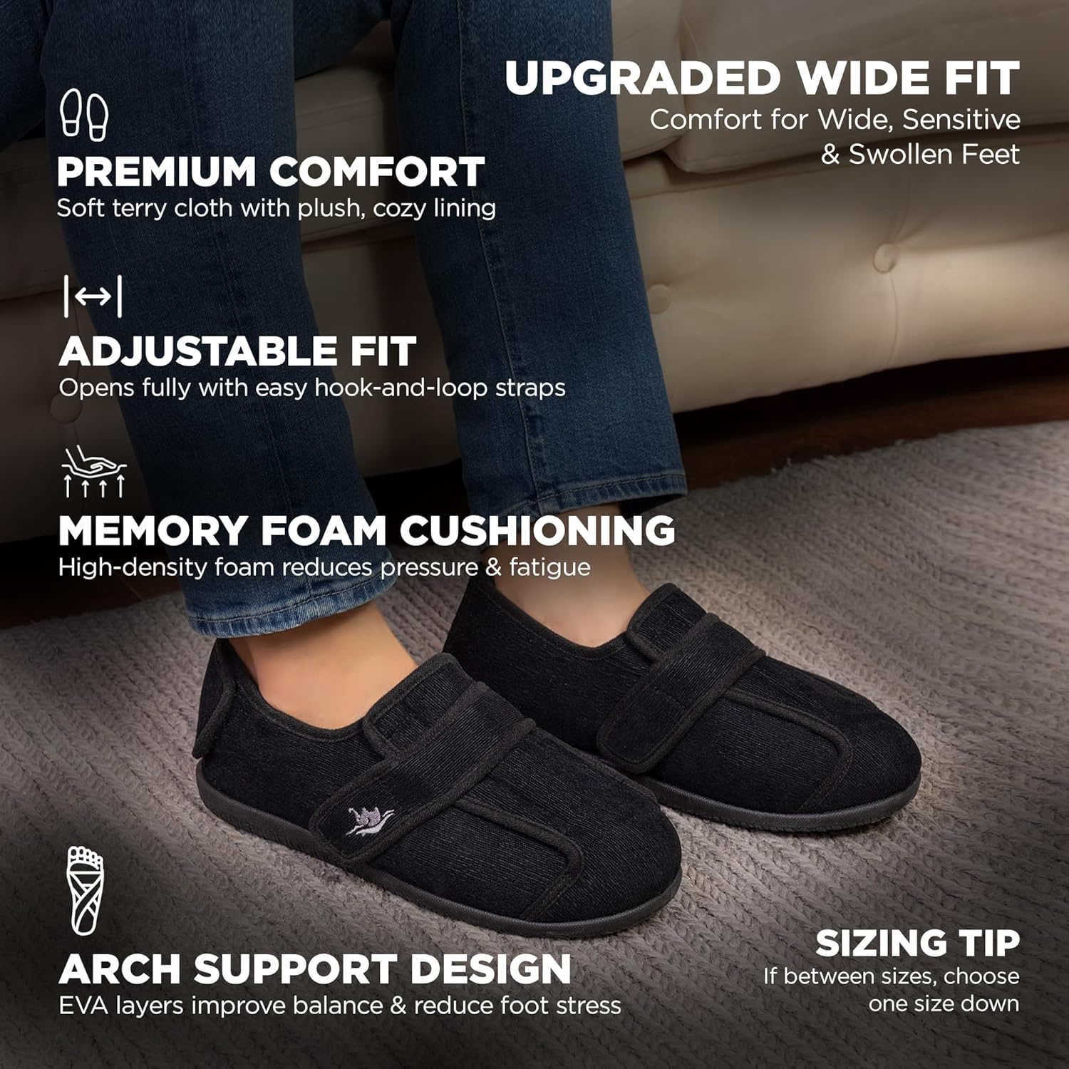 Men’s Wide Fit Adjustable Slippers – Opens at Top & Heel, Memory Foam, Non-Slip Indoor/Outdoor Sole, Washable Comfort for Wide, Swollen & Sensitive Feet
