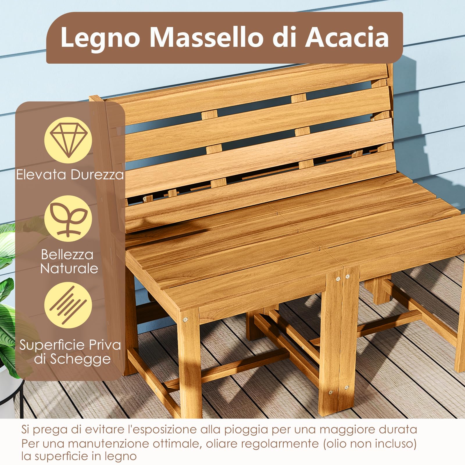 COSTWAY Panca Esterno Trasformabile 3 in 1, Panchina Giardino in Legno di Acacia con Schienale, Set Mobile Esterno con Tavolino e 2 Sedie, Supporto Piante per Terrazzo, Patio e Balcone
