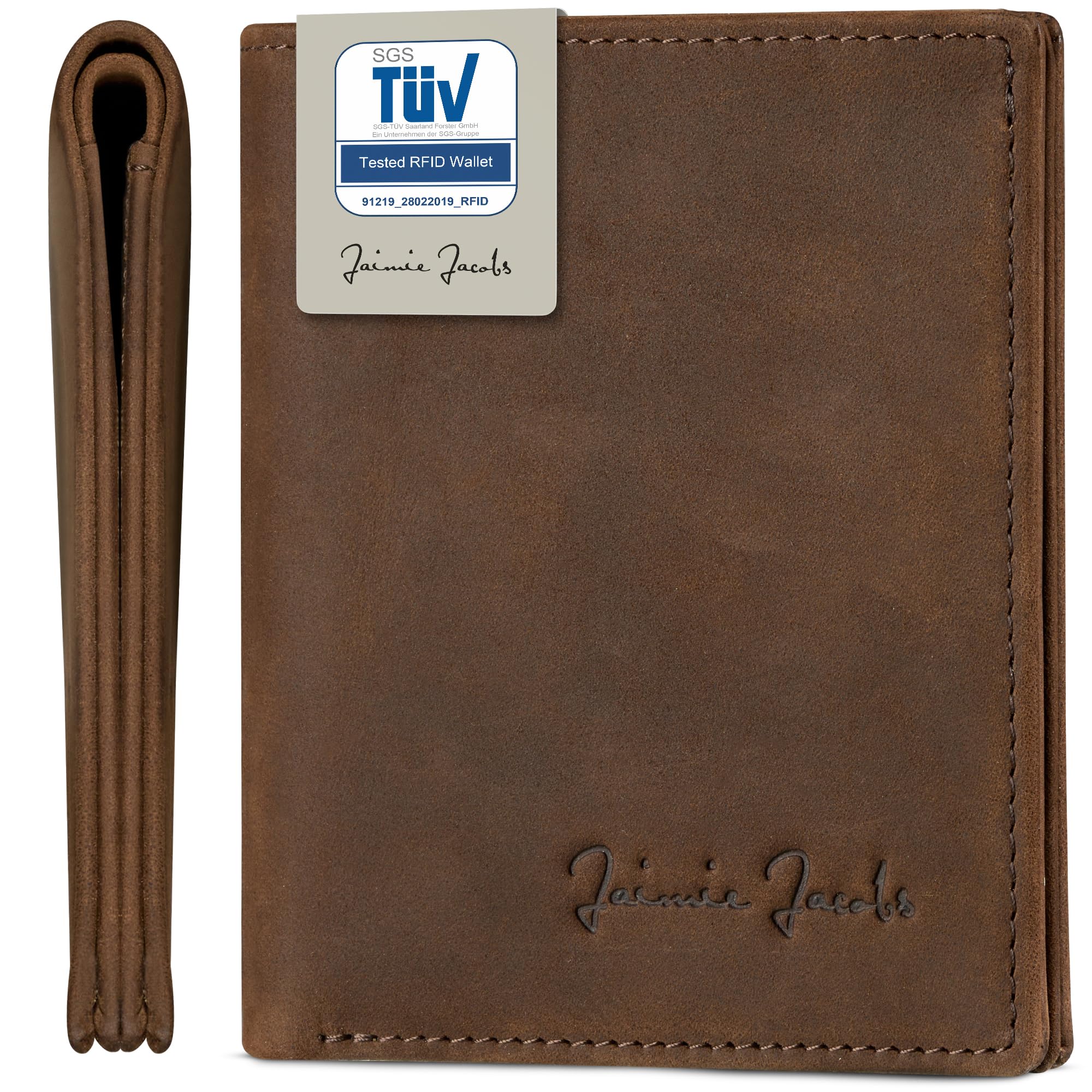 Jaimie Jacobs SLIMSTAR Geldbeutel dünne Geldbörse echtes Leder Slim Wallet Hochformat RFID-Schutz Herren (Büffelleder Dunkel Braun)