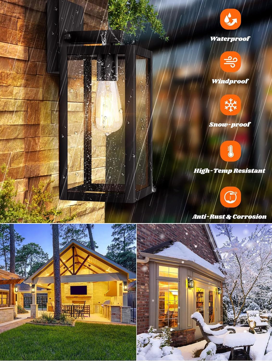 2 Pack Outdoor Wall Light Fixtures, Exterior Waterproof Lanterns, Porch Wall Sconce Wall Mounted Lighting with E26 Sockets & Glass Shades, Modern Matte Black Wall Lamps for Patio Front Door Entryway