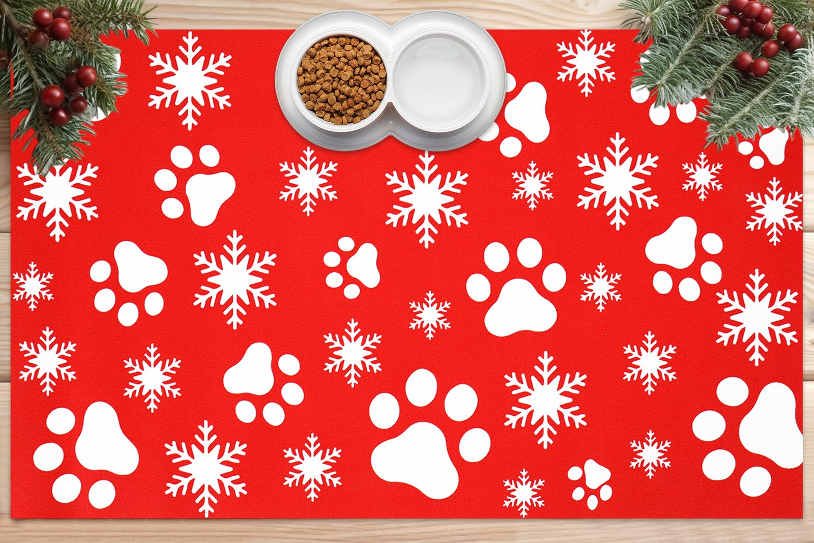 FYSUIMU Christmas Pet Mat Red White Snowflake Dog Claw Mat Absorbent Dog Bowl Mats for Food and Water Xmas Winter Pet Supplies, 11.8 x 19.7 in