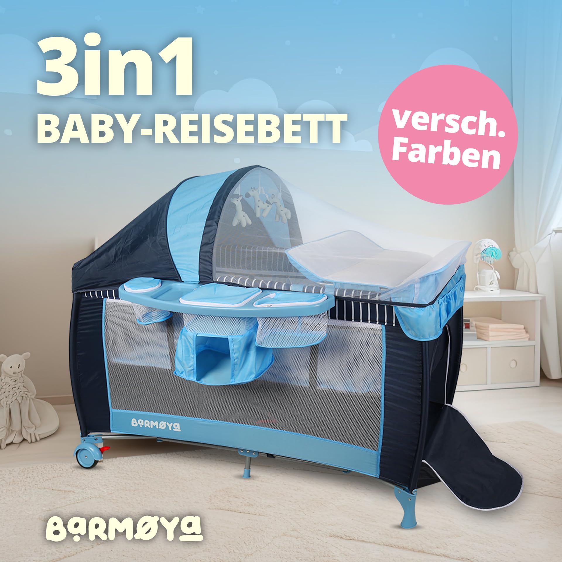 3-in-1 Baby-Reisebett mit Wickelauflage – Reisebett, Laufstall & Beistellbett, höhenverstellbar, Moskitonetz & Sonnendach, faltbar inkl. Tragetasche (Beige)
