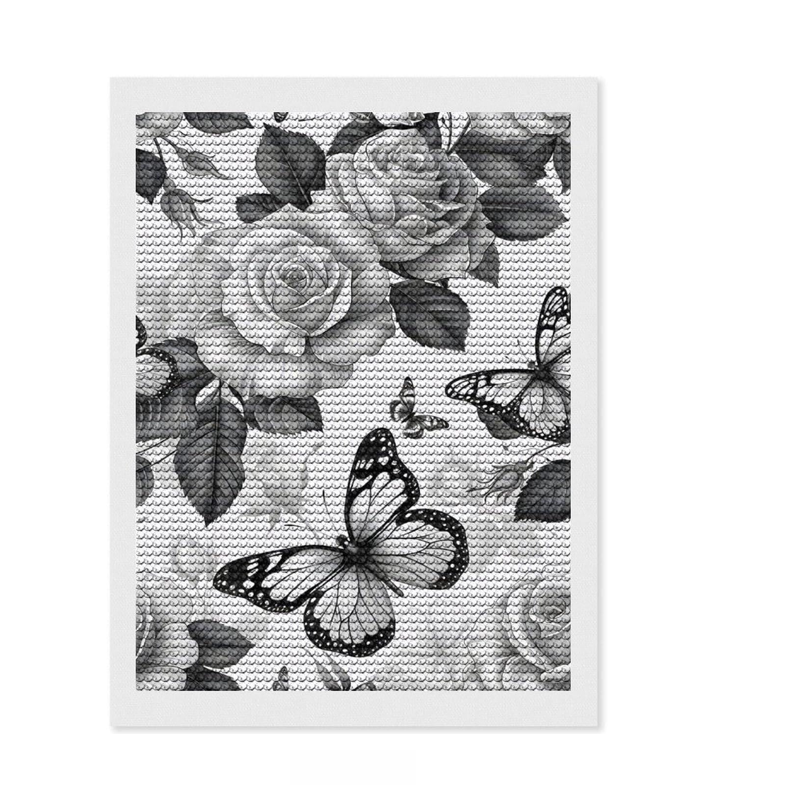 Junmoney Flowers and Butterfly Diamond Art Kit 12"x16", Sparkling Crystal Beads, Home Decoration, with Tool Kit, Fun Craft Activity, DIY