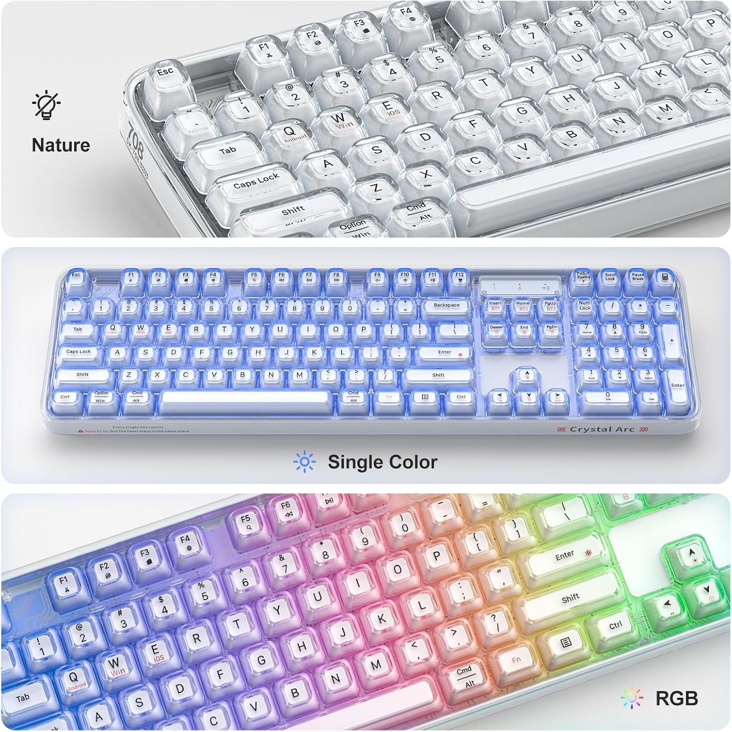 GEEZER Wireless Bluetooth Keyboard White - Backlight Transparent Keycap Rechargeable Portable Keyboards Compatible with Windows, Laptop, PC, Desktop