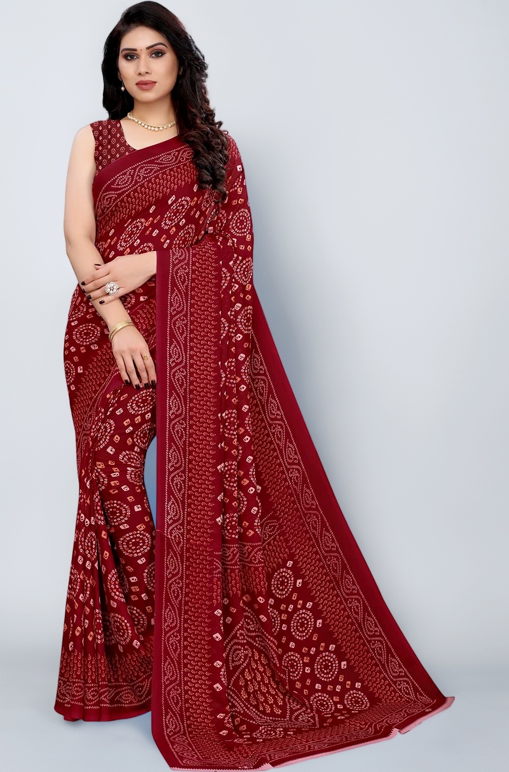 Satrani Women's Georgette Bandhani Printed Saree with Blouse Piece