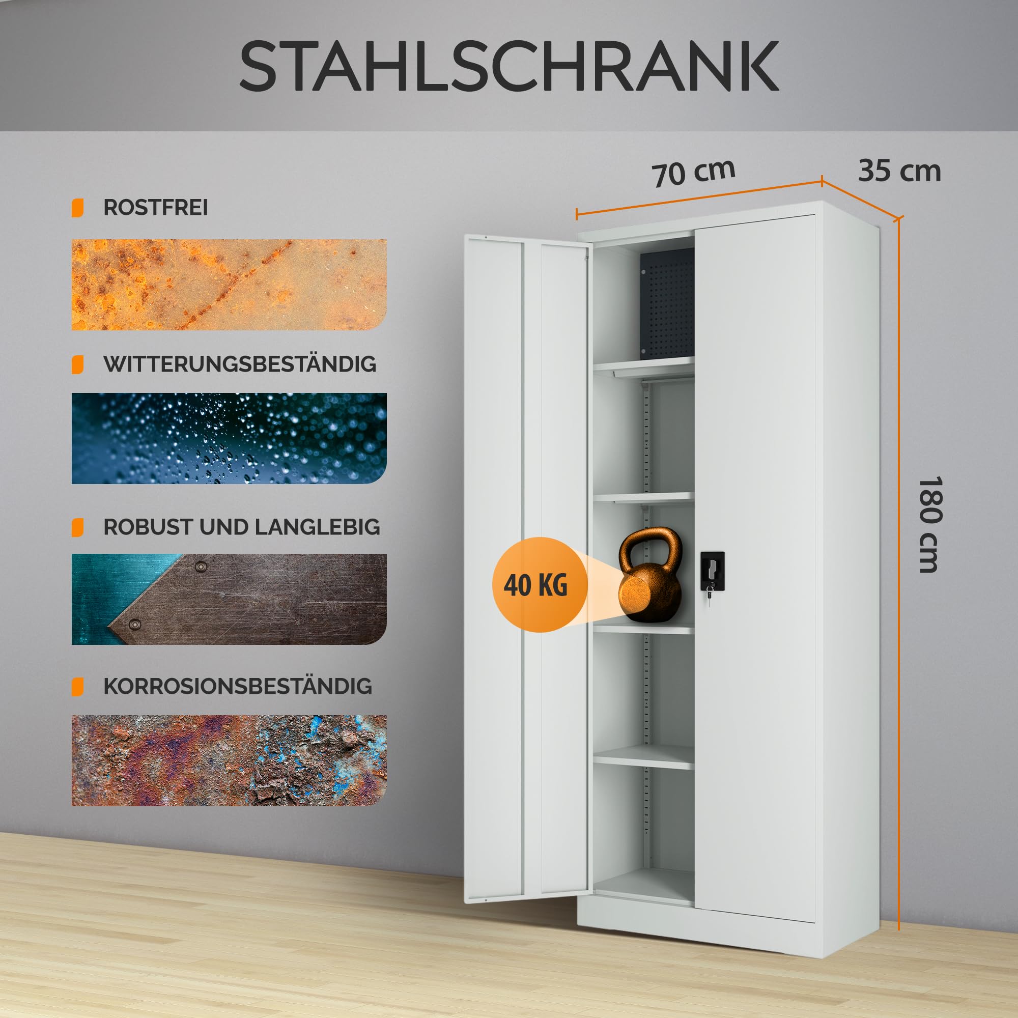 Aktenschrank – Metallschrank, Büroschrank mit Schloss & Steckwand – Werkzeugschrank, Aufbewahrungsschrank mit stabilem Stahlgehäuse & Magnettüren – Mehrzweckschrank für Büro, Werkstatt, Garage (Grau)