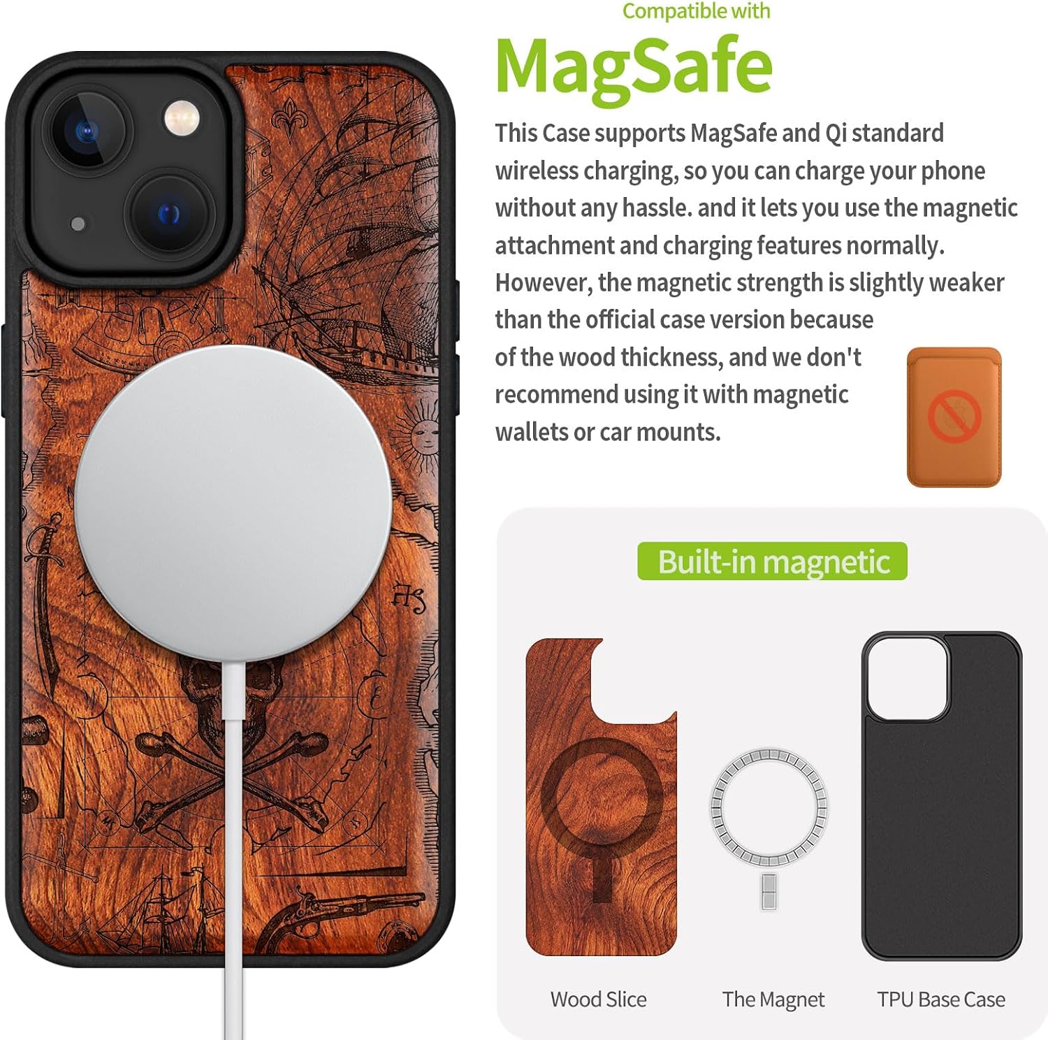 Carveit Magnetic Wooden Case for iPhone 15 Case, Compatible with MagSafe Wireless Chargers, Black Soft TPU Shockproof Cover & Wood Artisan Engraved (Pirate Flag) - Rosy