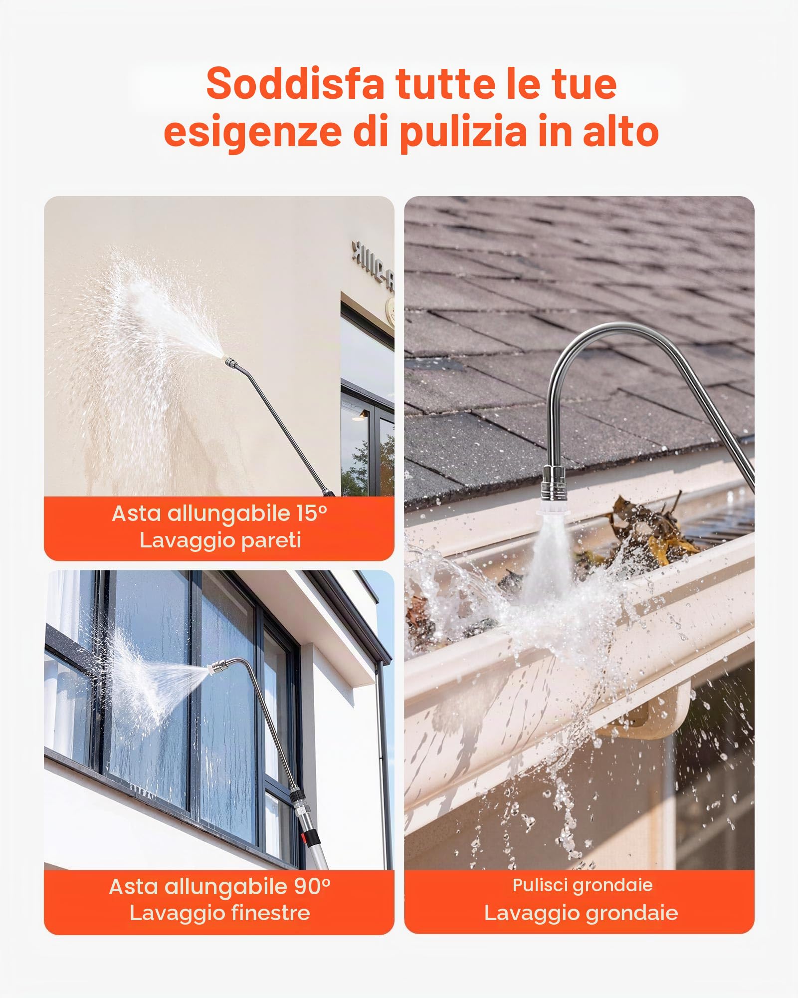 VEVOR Lancia Telescopica per Idropulitrice da 7,62 m, Lancia Estensibile per Idropulitrici con 7 Ugelli, Adattatore, Tubo ad Alta Pressione, Cintura di Supporto, Testina Spazzola, 4000 PSI per Parete