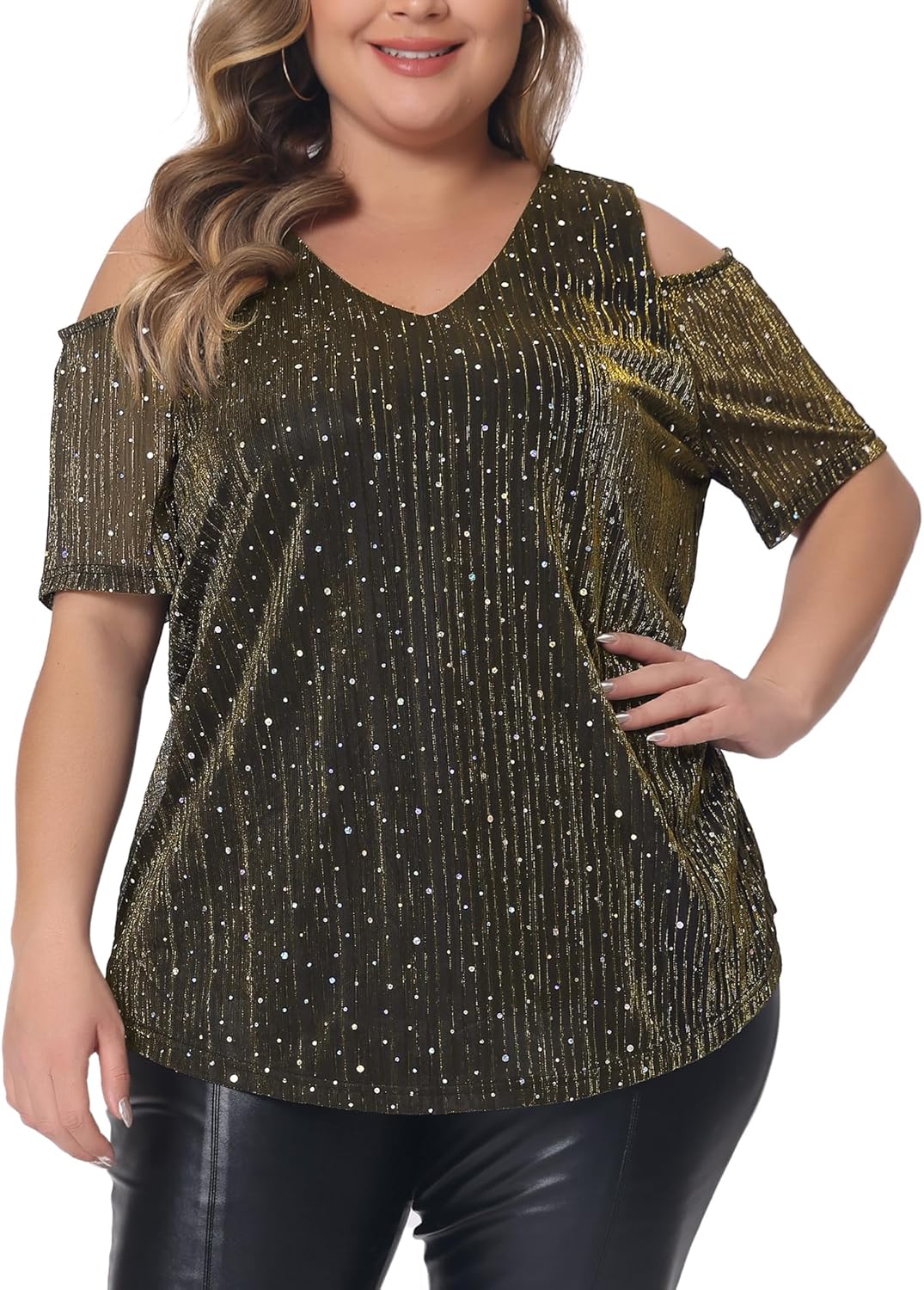 Agnes Orinda Plus Size Tops for Women Glitter Sequin Cold Shoulder Short Sleeve Party Basic Blouses Tee Tops