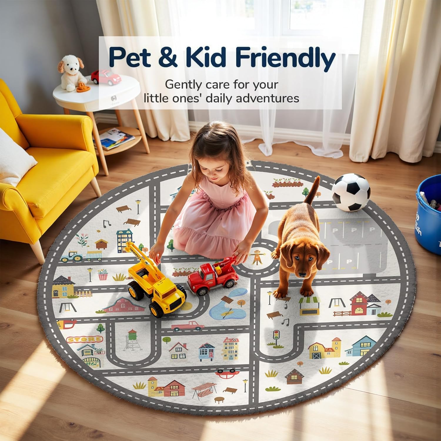 3.3ft Round Kids Town Road Car Play Rug - Non-Slip Faux Wool Carpet with Interactive City Map Design, Educational Toy Vehicle Mat for Kids, Bedroom Playroom Nursery Gift.