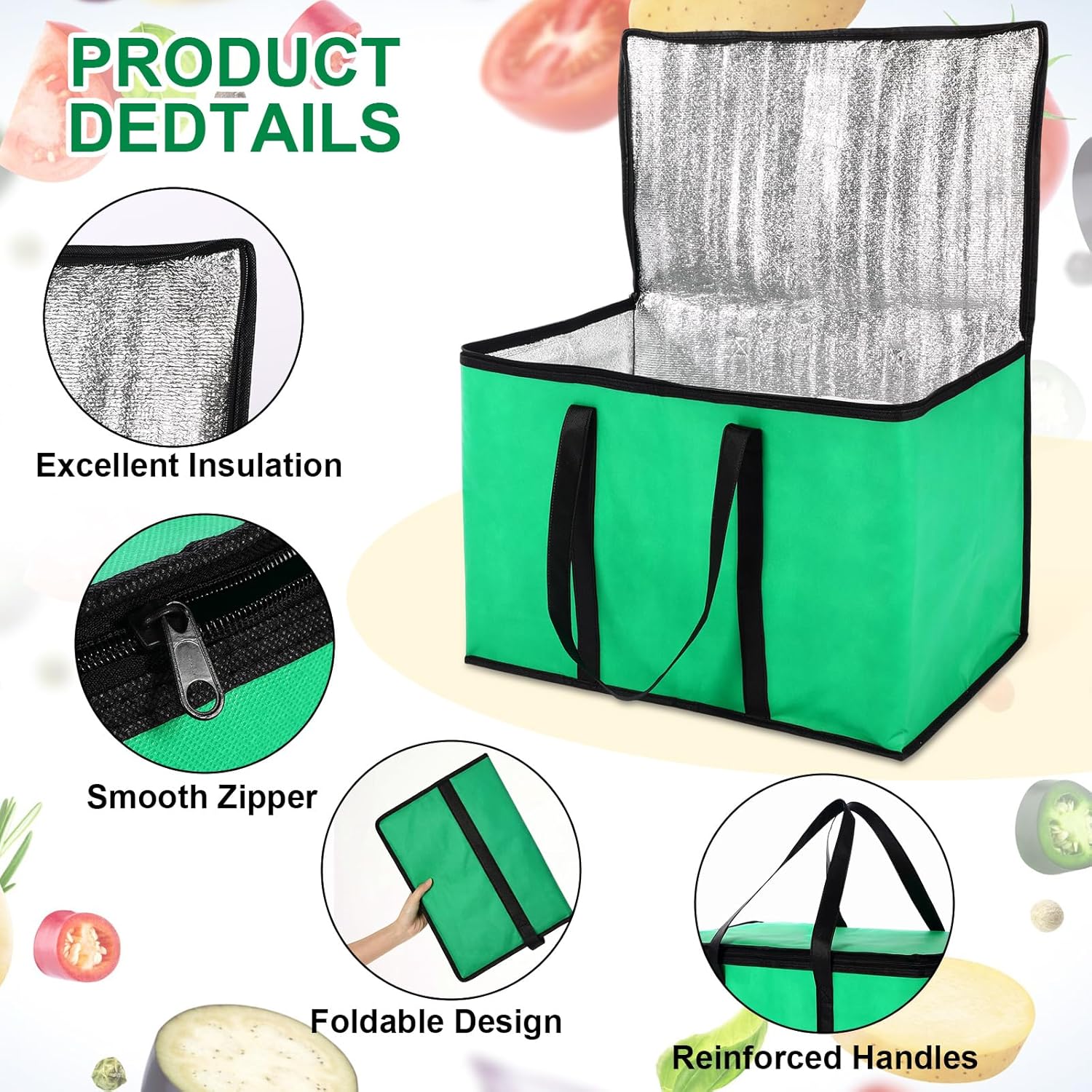 12 Pcs Large Insulated Food Delivery Bag Bulk XXXL Reusable Grocery Bags Foldable Catering Insulated Cooler Bag with Sturdy Handles for Takeout Shopping Camping, Warmer/frozen(Green) - Image 3