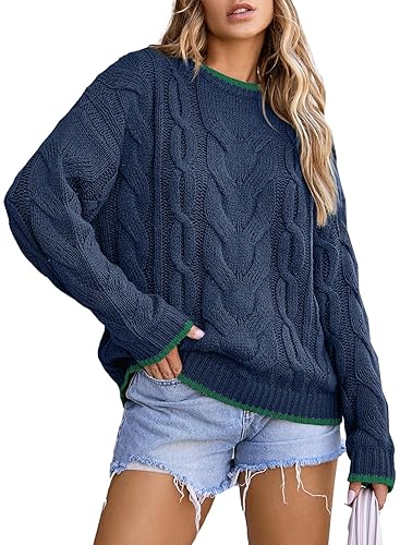 EVALESS Sweaters for Women Trendy Crewneck Long Sleeve Color Block
