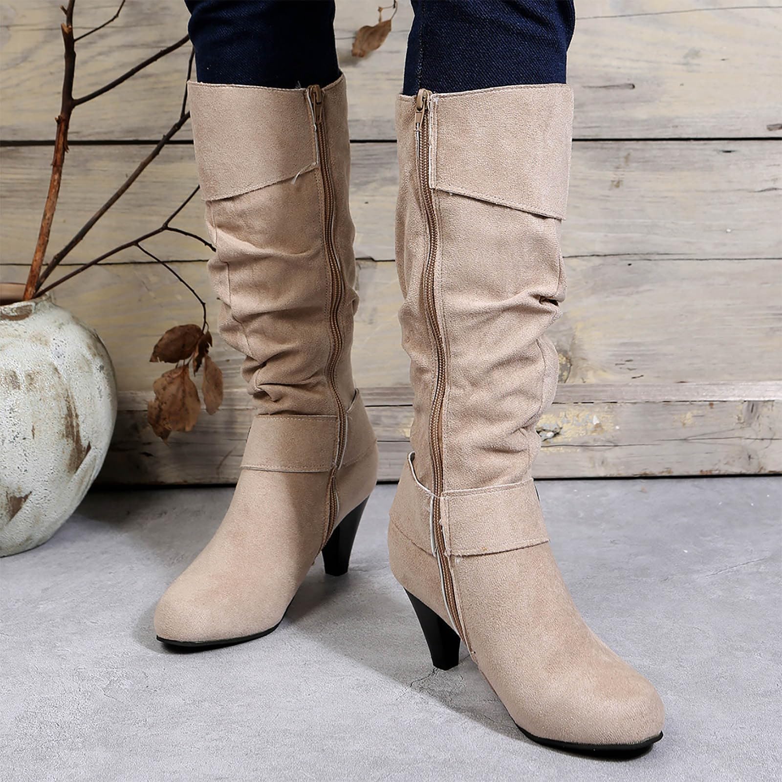 Generisch Botas de equitación de invierno para mujer e invierno Moda de gamuza Tacón fino Color sólido Botas de media pantorrilla Temperamento Botas cómodas