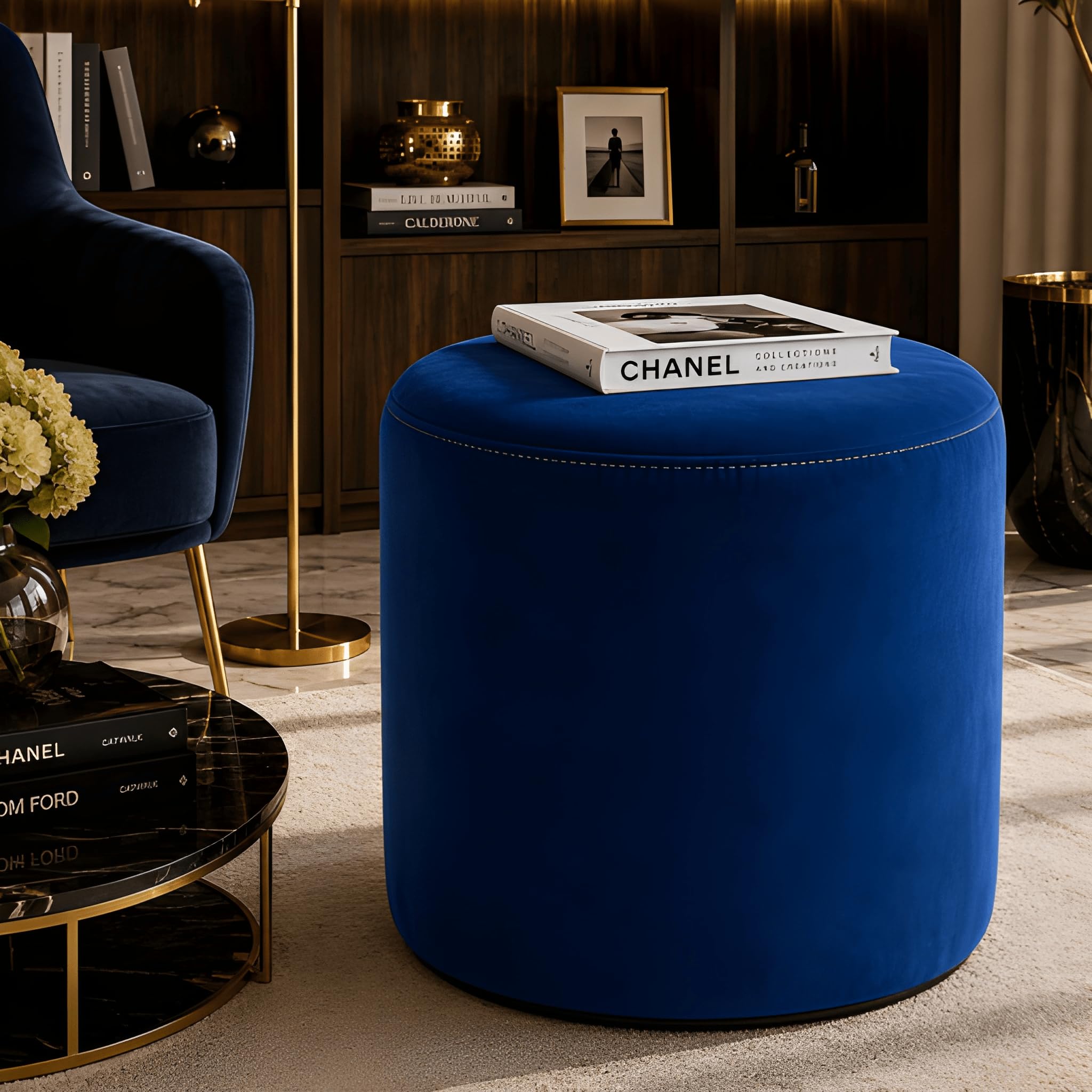 Ottoman Stool for Living Room | Velvet Ottoman Stool | Round Foot Rest Stool | Vanity Makeup Stool | Soft Velvet Upholstery | Strong Wooden Frame | Modern Home Decor Furniture | Navy Blue-image-27
