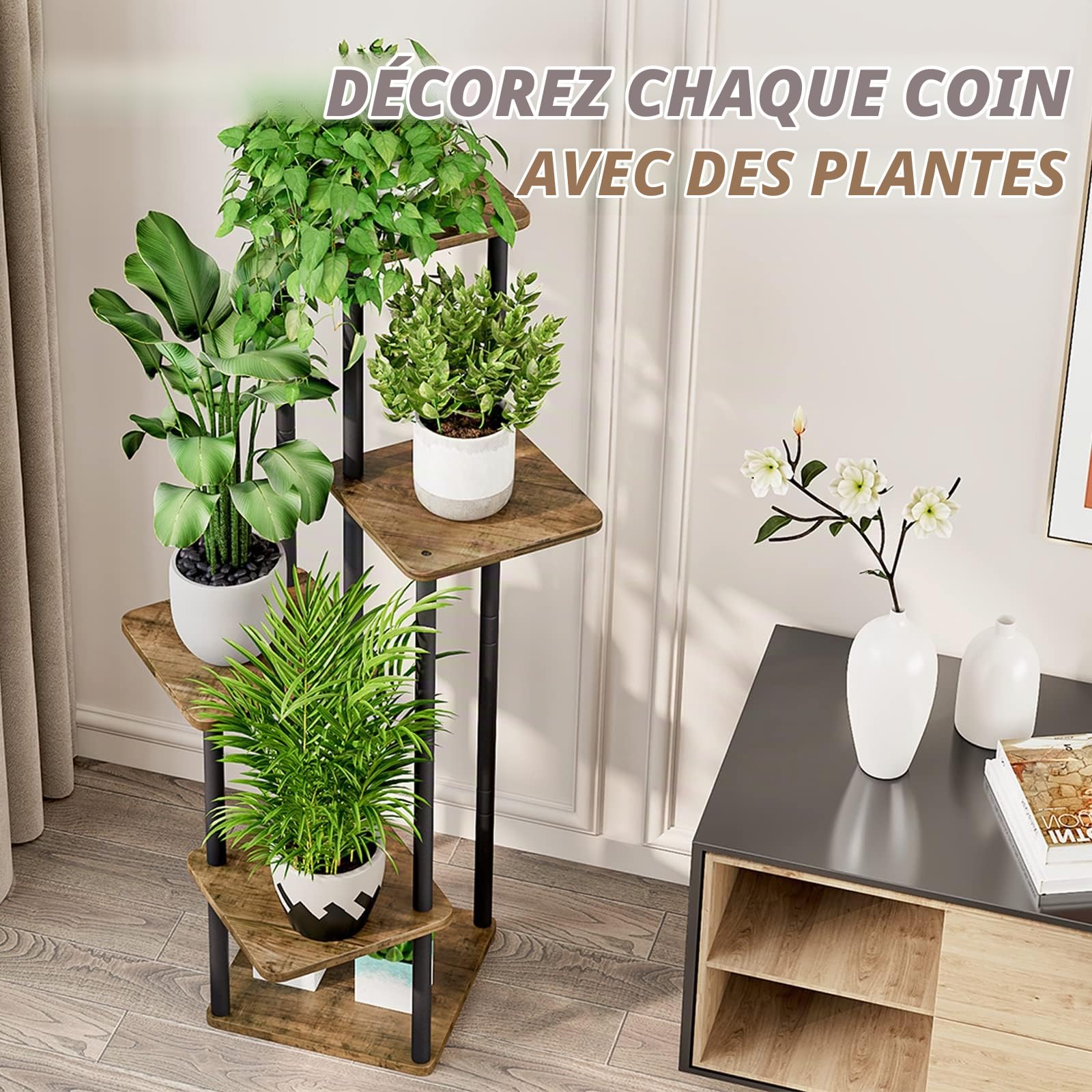 AZERPIAN Support pour plantes d'intérieur à 5 niveaux en métal pour plusieurs plantes, support de fleurs d'angle pour terrasse, jardin, salon, balcon, chambre à coucher, noir
