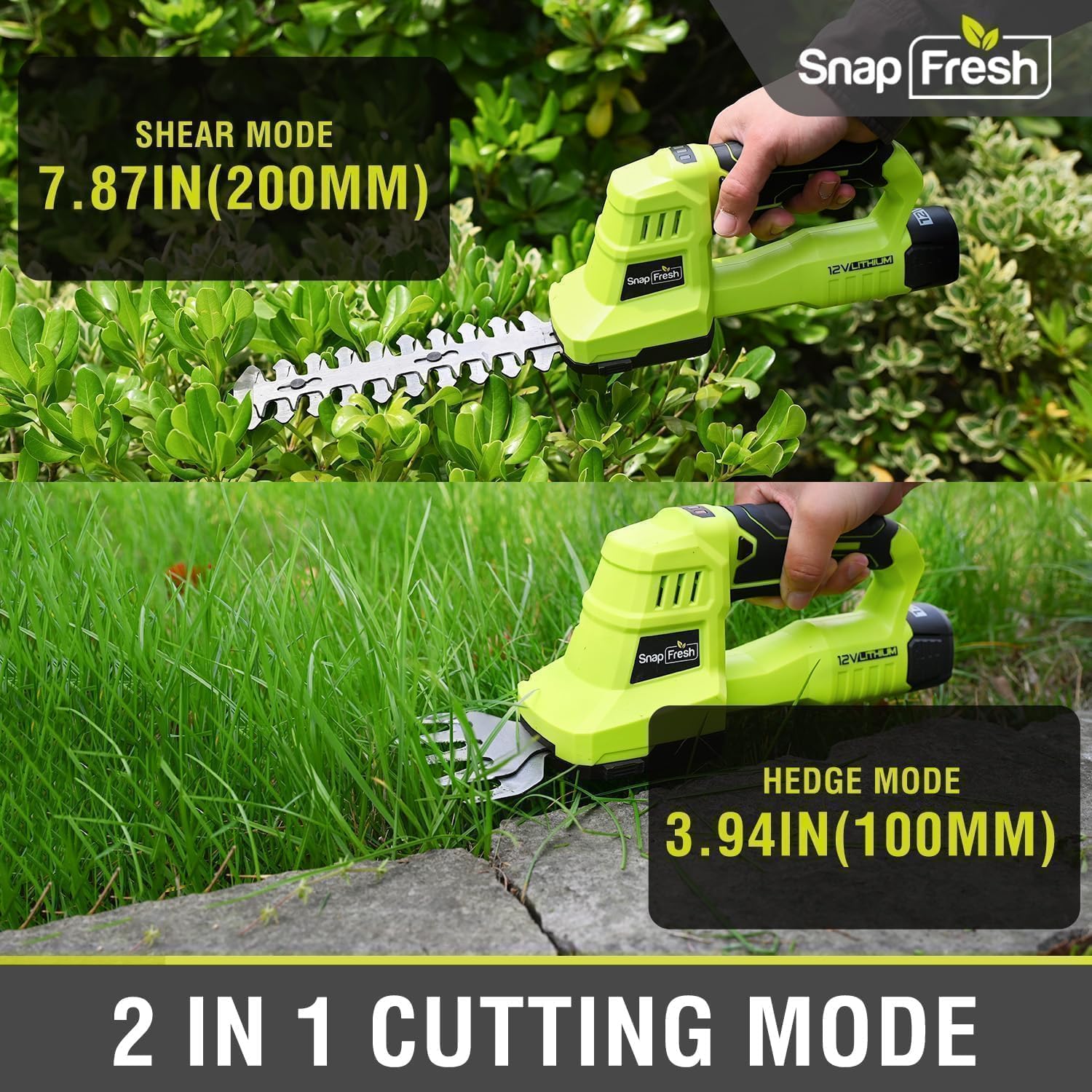 SnapFresh 12V Cordless Grass Shears & Hedge Trimmer, 2 in 1 Handheld Bush Trimmer & Grass Cutter with 2.0Ah Battery & Charger Included, Lightweight Electric Shrubbery Trimmer for Garden & Lawn