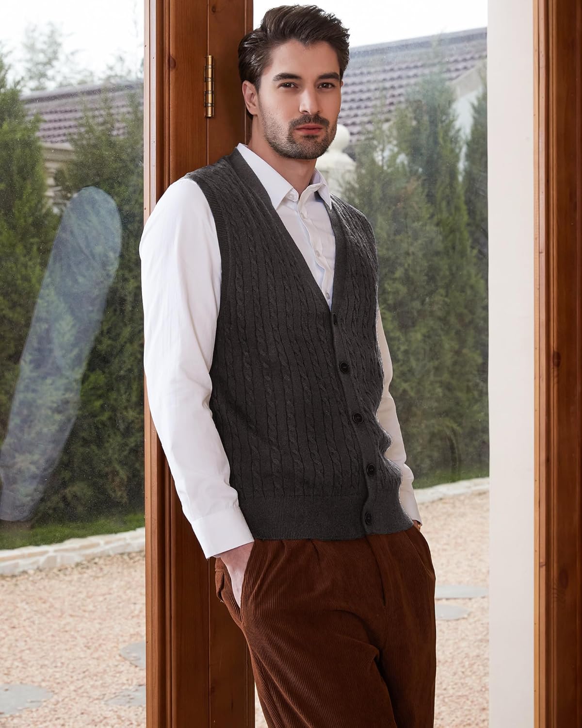 Kallspin Men's Cable Knit Sweater Vest Wool Blend V Neck Button Down Sleeveless Cardigan Vest - Image 7