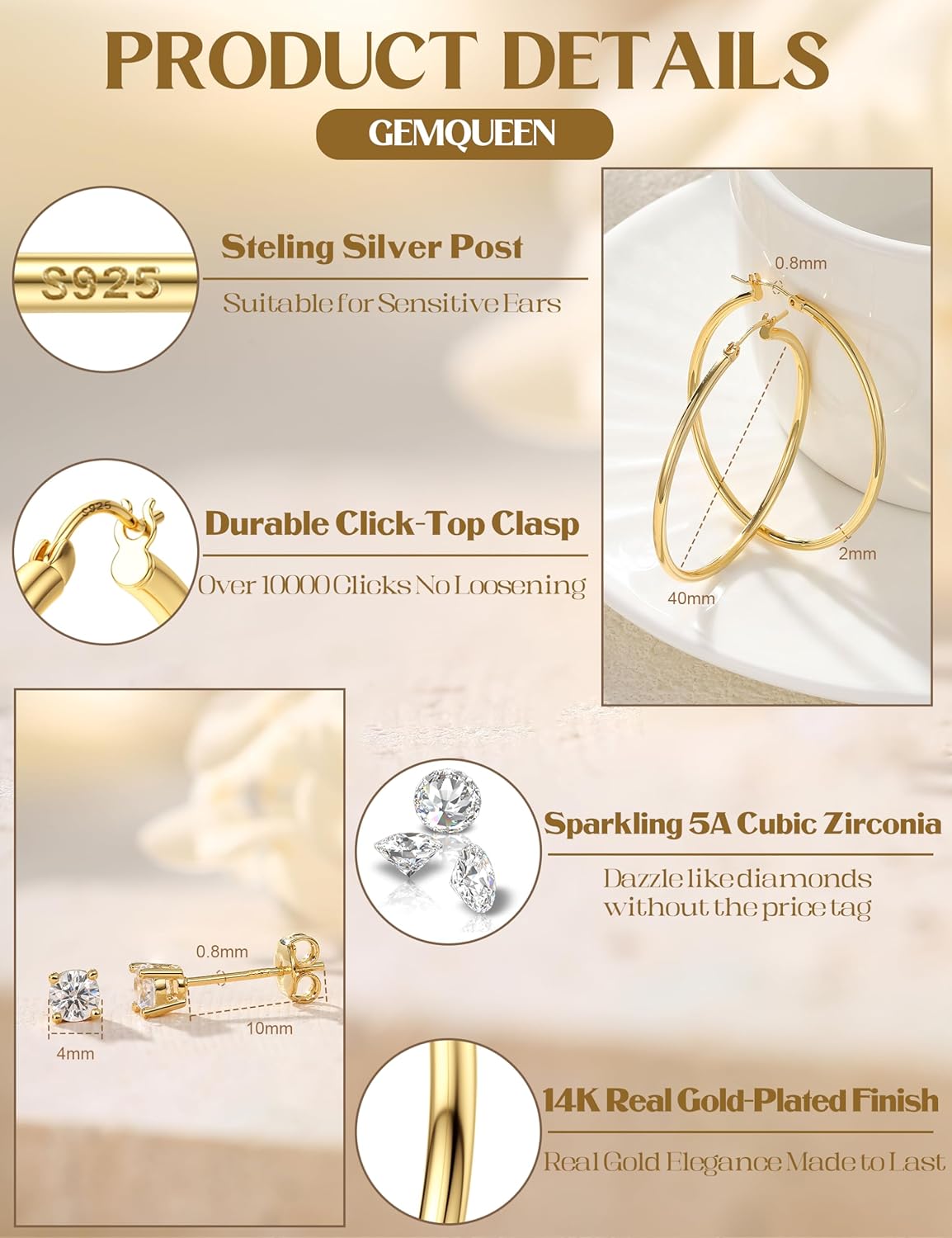 2 Pairs 14K Real Gold Plated 925 Sterling Silver Posts Medium Hoop Earrings Set for Women - Hypoallergenic Gold Hoops Earring & 5A CZ Studs Womens Everyday Stackable Lightweight Jewelry Gifts - Image 6