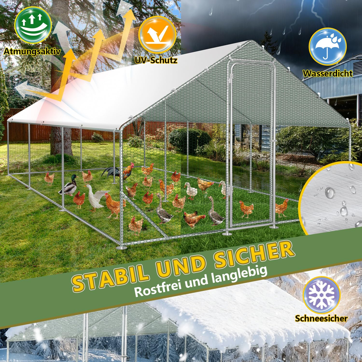3x6x2m Hühnerstall Freilaufgehege Hühnergehege Verzinkter Stahl Hühnerhaus mit Tür & Riegel Geflügelstall für Hühner Kaninchen Gänse Tauben und Wachteln Metallgehege mit Netz