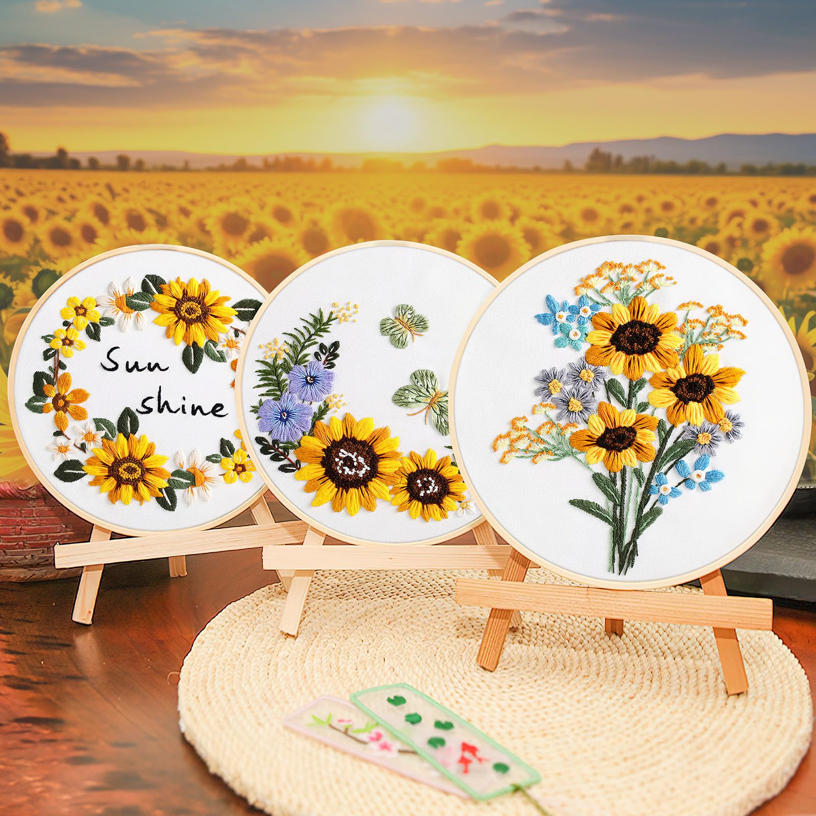 11CT Punto Croce Ricamo Timbrato Starter Kit, Girasole, per Adulti Principianti con Schemi Stampati Full Range e Istruzioni Starter Kit (3 Fili) 40 * 50cm