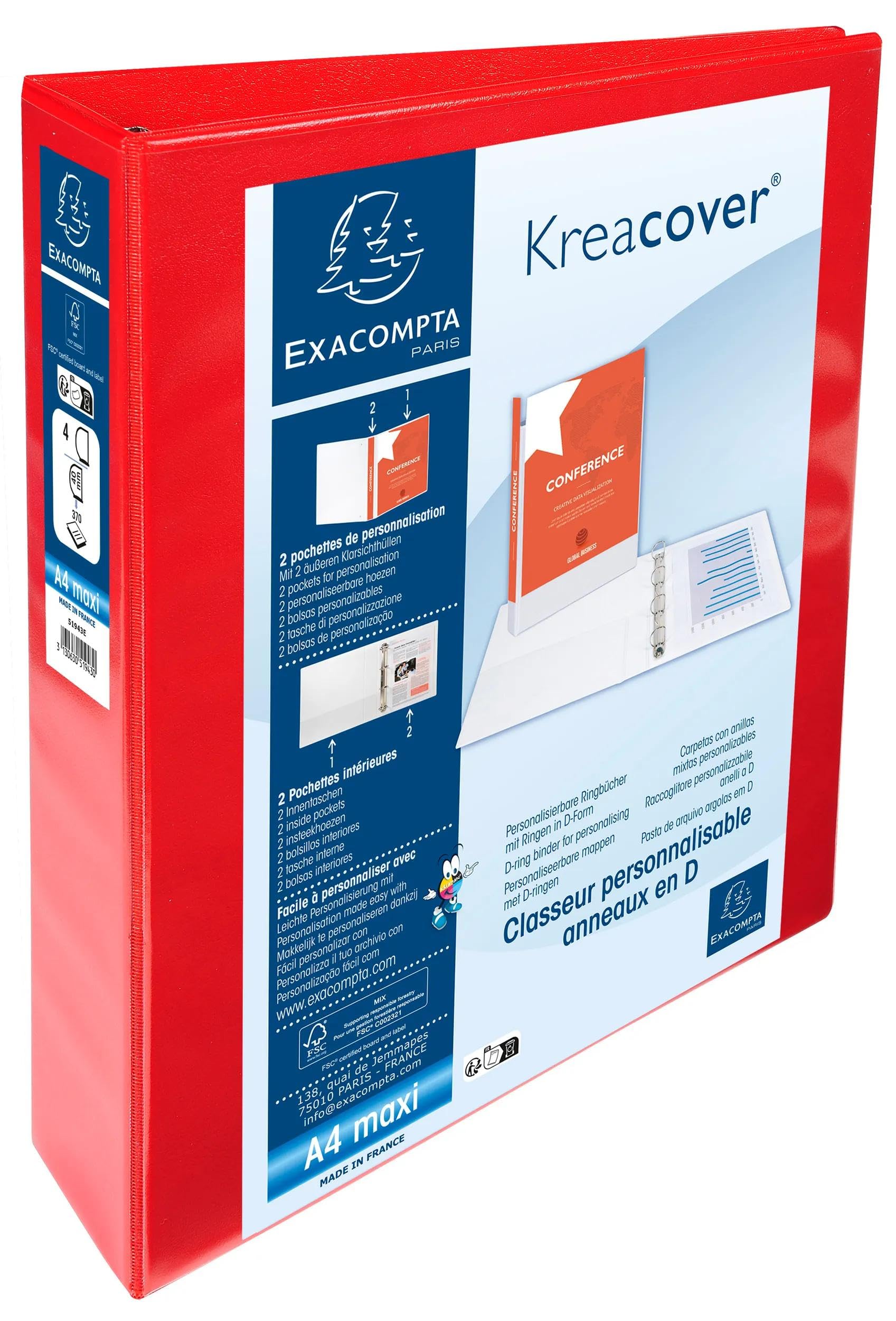 Exacompta 10 raccoglitori personalizzabili 3 tasche A4 4 anelli rosso