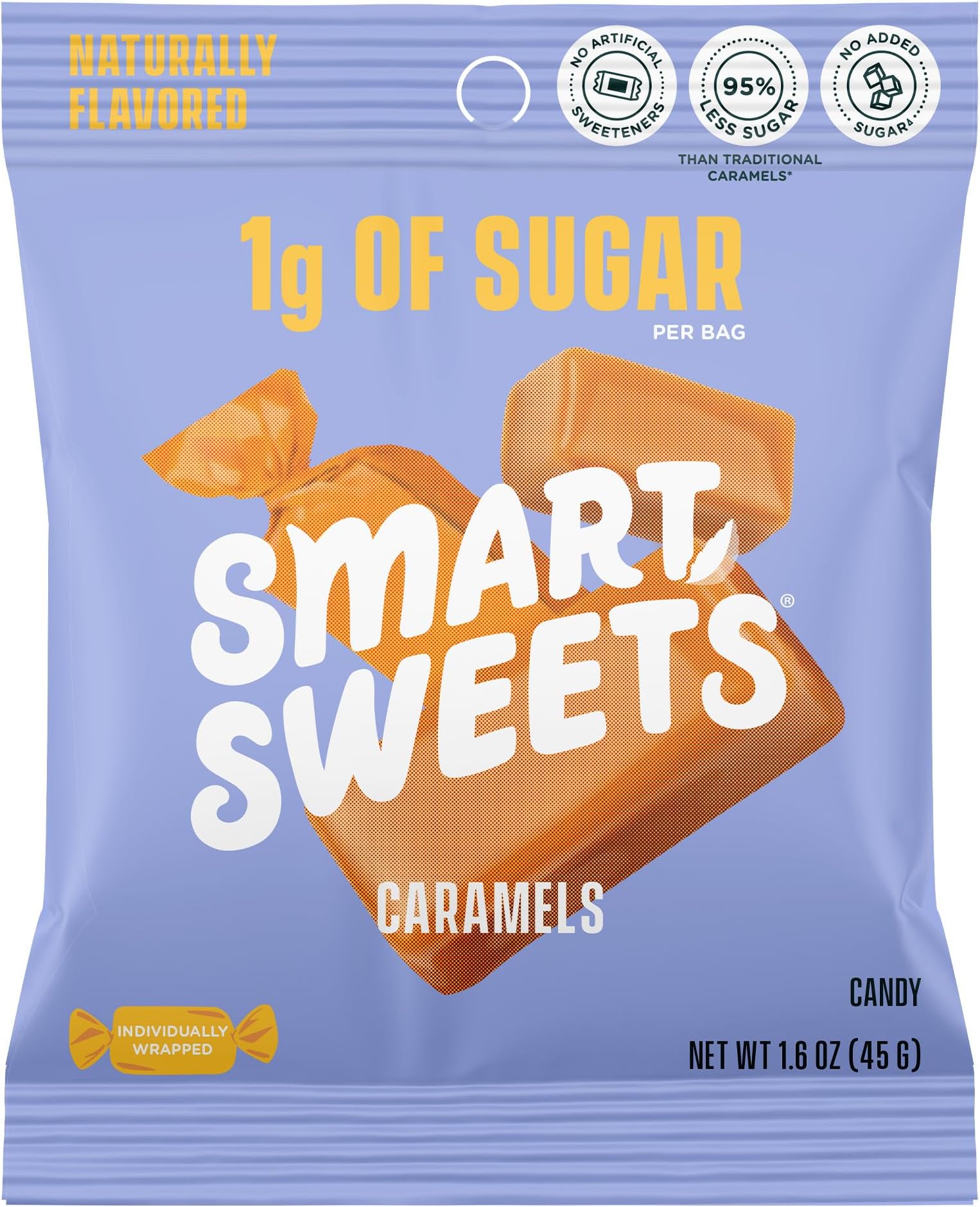 Caramel Candies, 1.6oz (Pack of 12), Creamy Candy with Low Sugar (1g), Low Calorie (140), Plant Based, Gluten Free, No Artificial Colors or Sweeteners, Healthy Snack for Kids & Adults