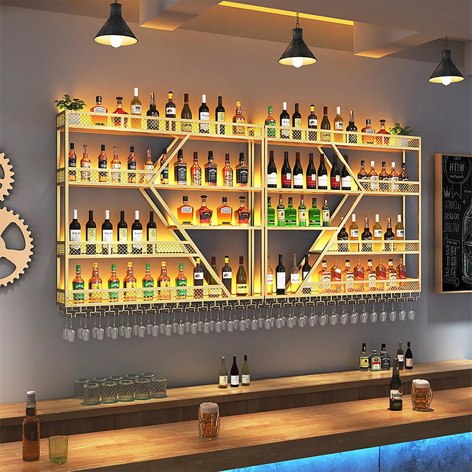 Nowoczesny naścienny stojak na wino - pływające półki ze stali węglowej na butelki wina i kieliszki stylowy regał barowy do przechowywania t do salonu i restauracji dekoracja