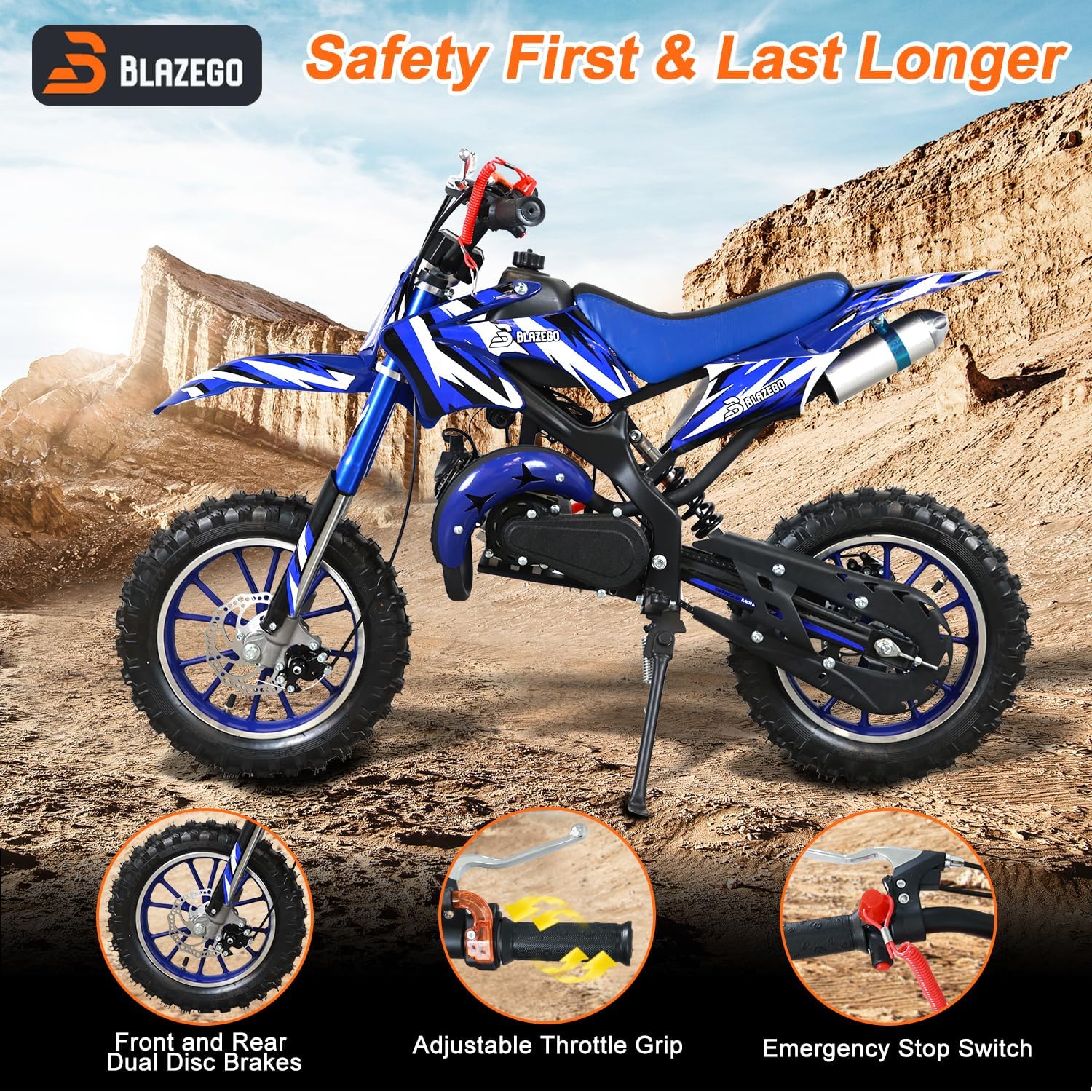 49cc Kids Dirt Bike, 2-Stroke Gas Powered Dirt Bike, Motorcycle with Off-Road Tires, Front/Rear Disc Brakes, Shock Absorption, Soft Seat Cushion, Mini Dirtbike for Kids 8-14, Bule
