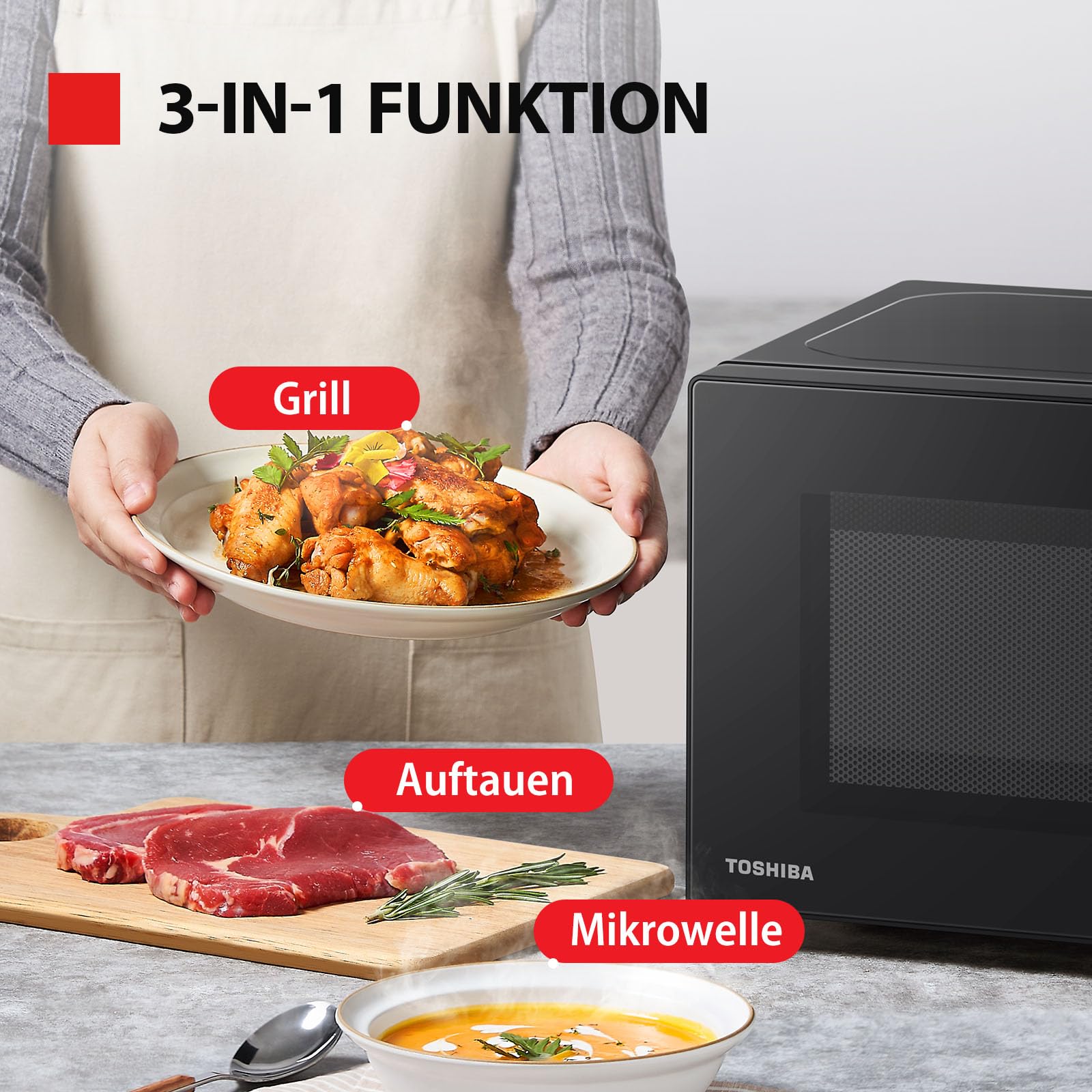 Toshiba MW2-MG20PF(BK)/GE Forno a microonde da 800 W con griglia croccante e funzione combinata, 5 livelli di potenza, 1000 W di potenza grill, nero