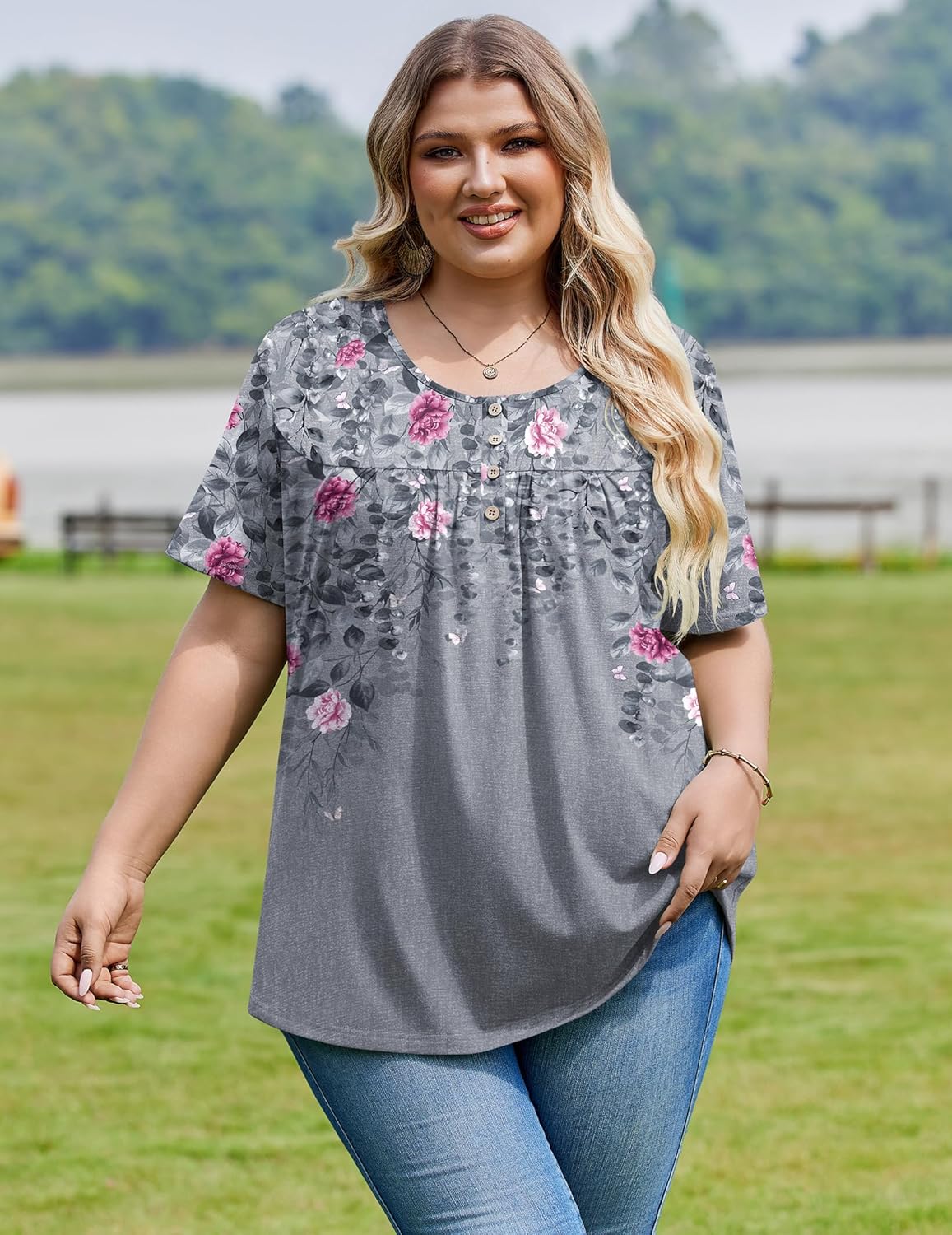 IN'VOLAND Plus Size Tops for Women Short Sleeve Shirts Dressy Casual Tunics to Wear with Leggings Beach Vacation Clothes - Image 2