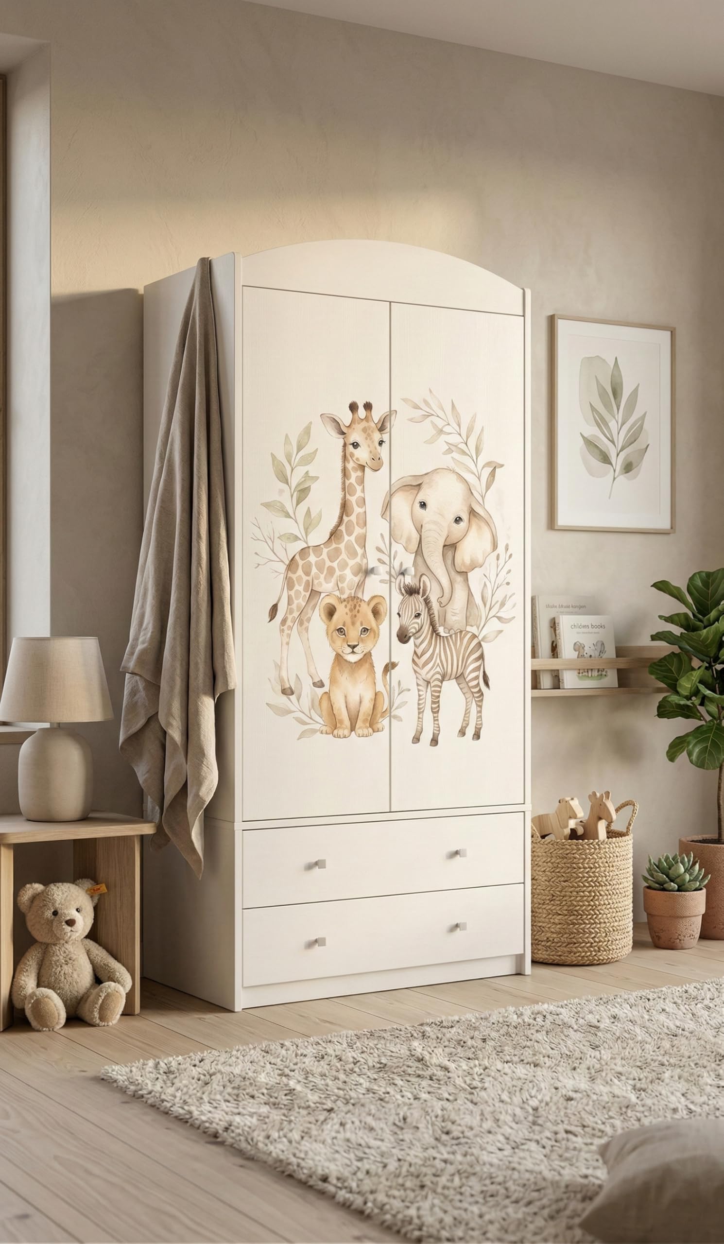 Happy Babies Armadio per bambini con motivo incantevole, 2 ante per cameretta dei bambini, con 2 cassetti, asta appendiabiti e ripiani, bianco (88 x 187 x 54 cm) (nr 170)