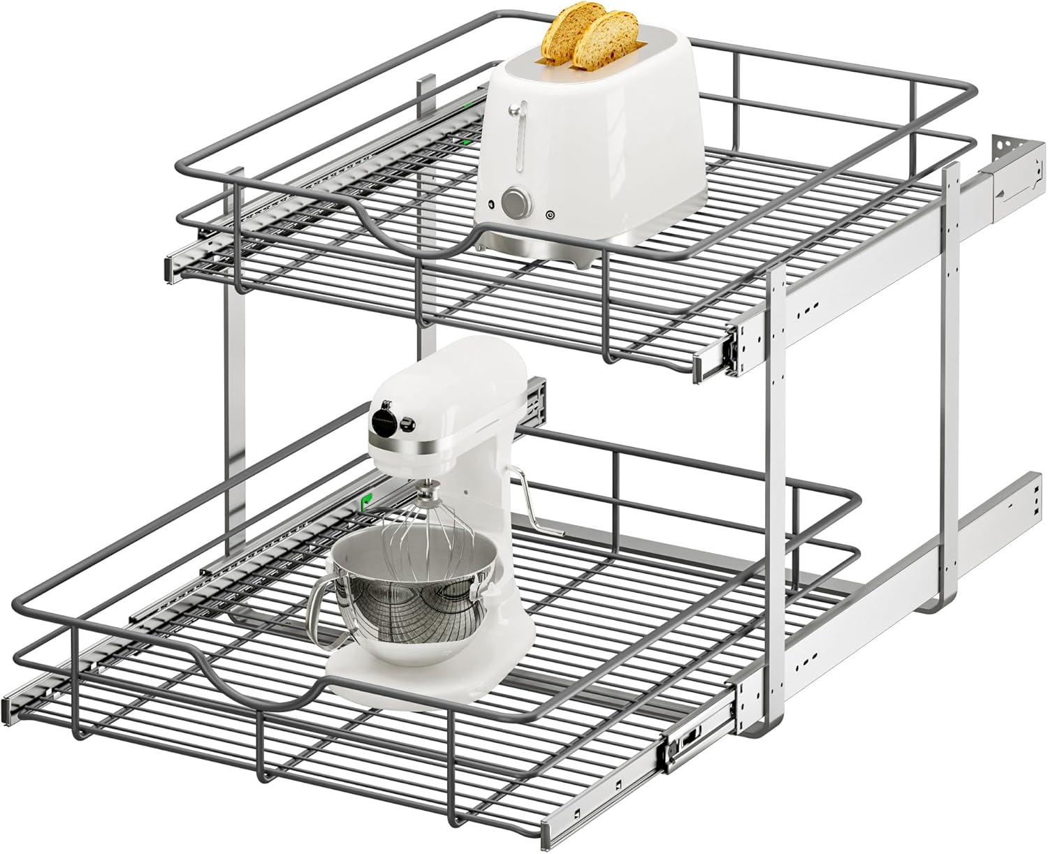 2 Tier Pull Out Cabinet Organizer - 20" W x 22" D Soft Close Slide Out Shelves with Shelf Liners - Pullout Drawers for Kitchen Cabinets, Pantry, Bathroom, Heavy Duty Steel Wire Baskets